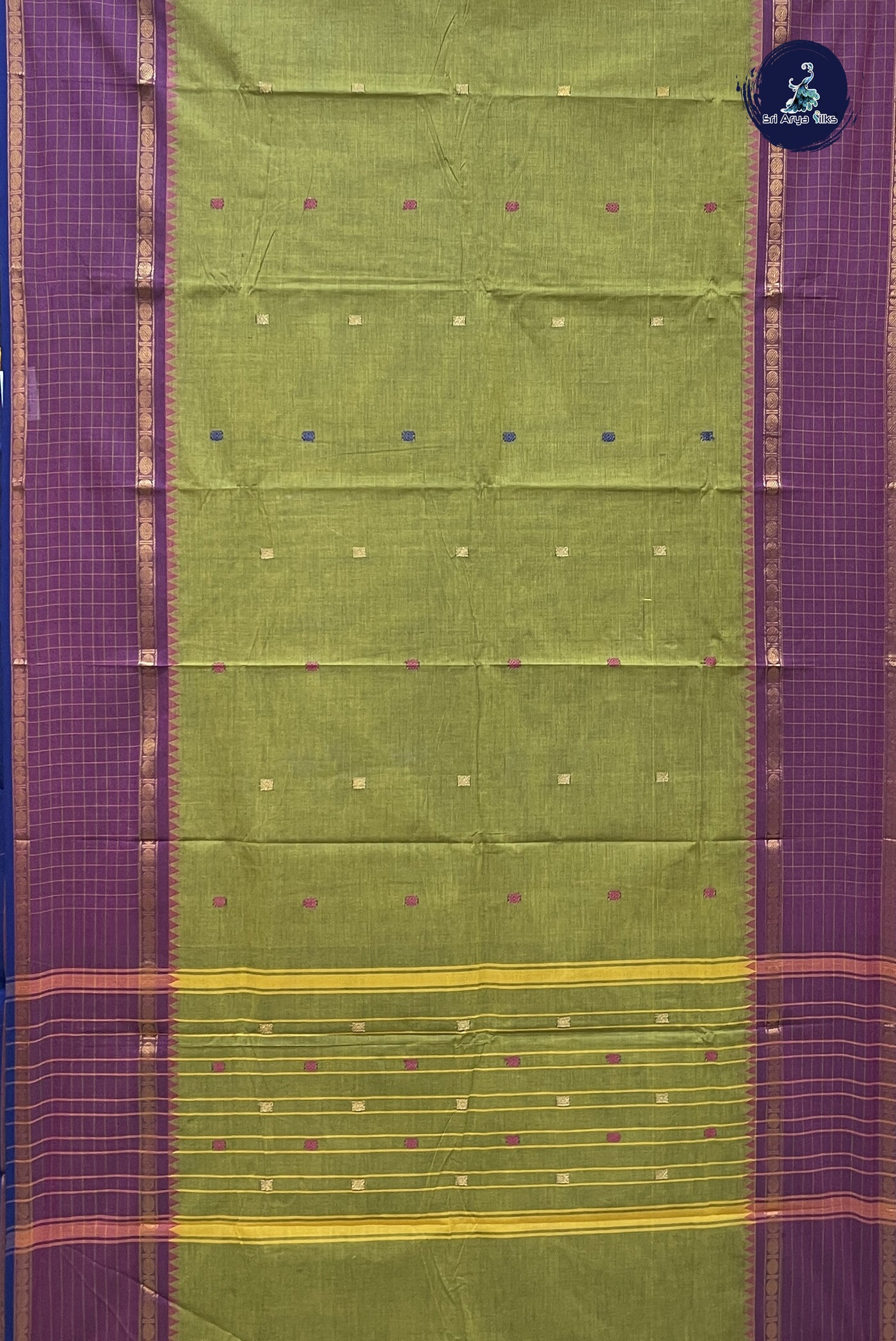 Yellowish Green Chettinad Cotton Saree With Buttas Pattern