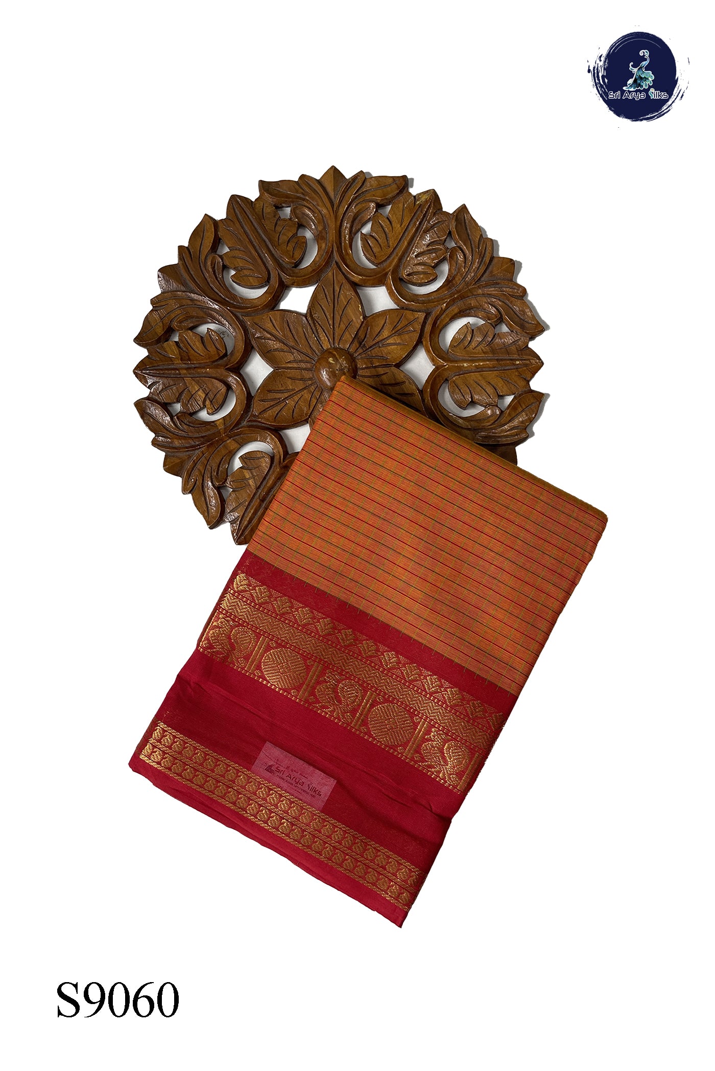 Orange Chettinad Cotton Saree With Checked Pattern