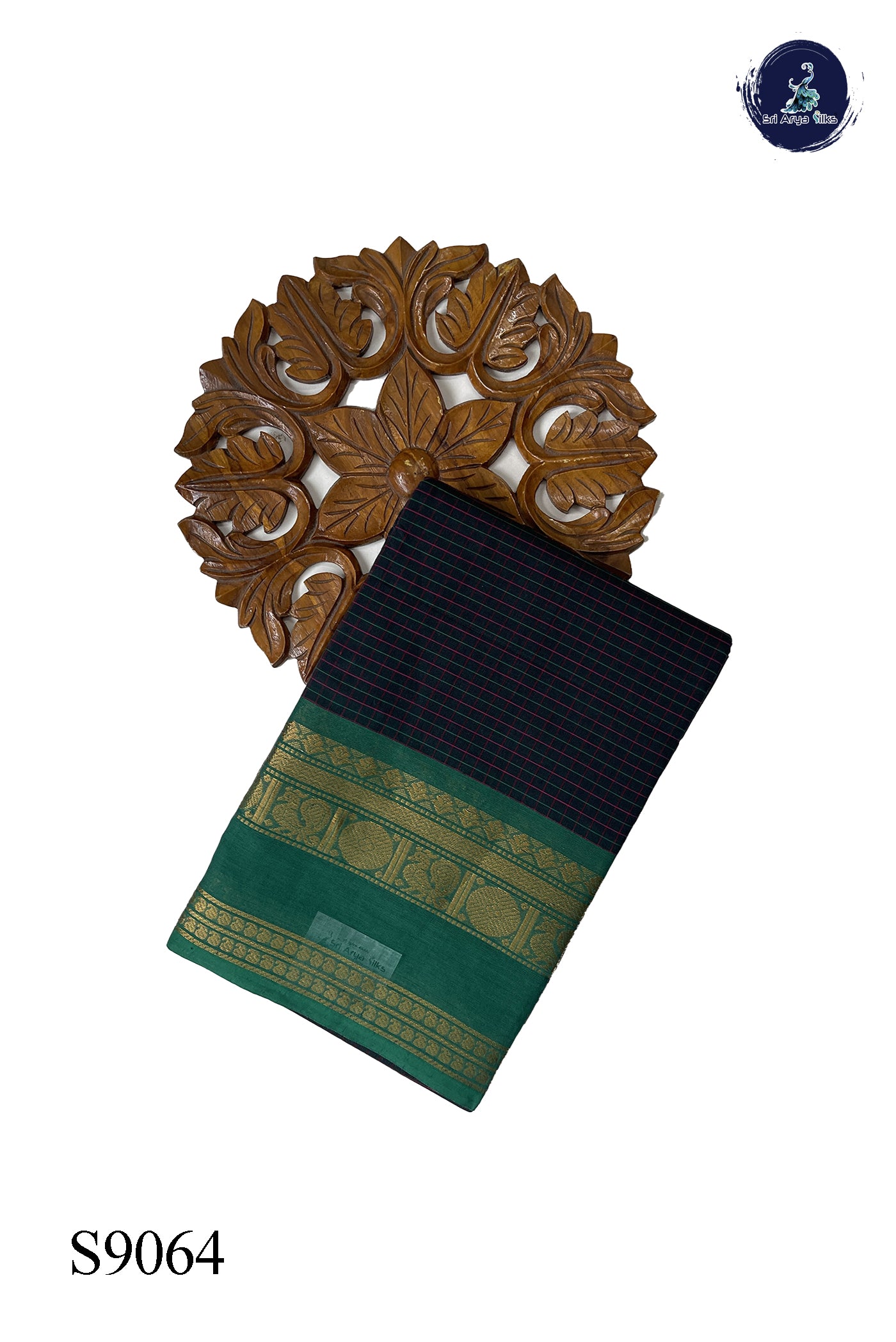 Bottle Green Chettinad Cotton Saree With Checked Pattern