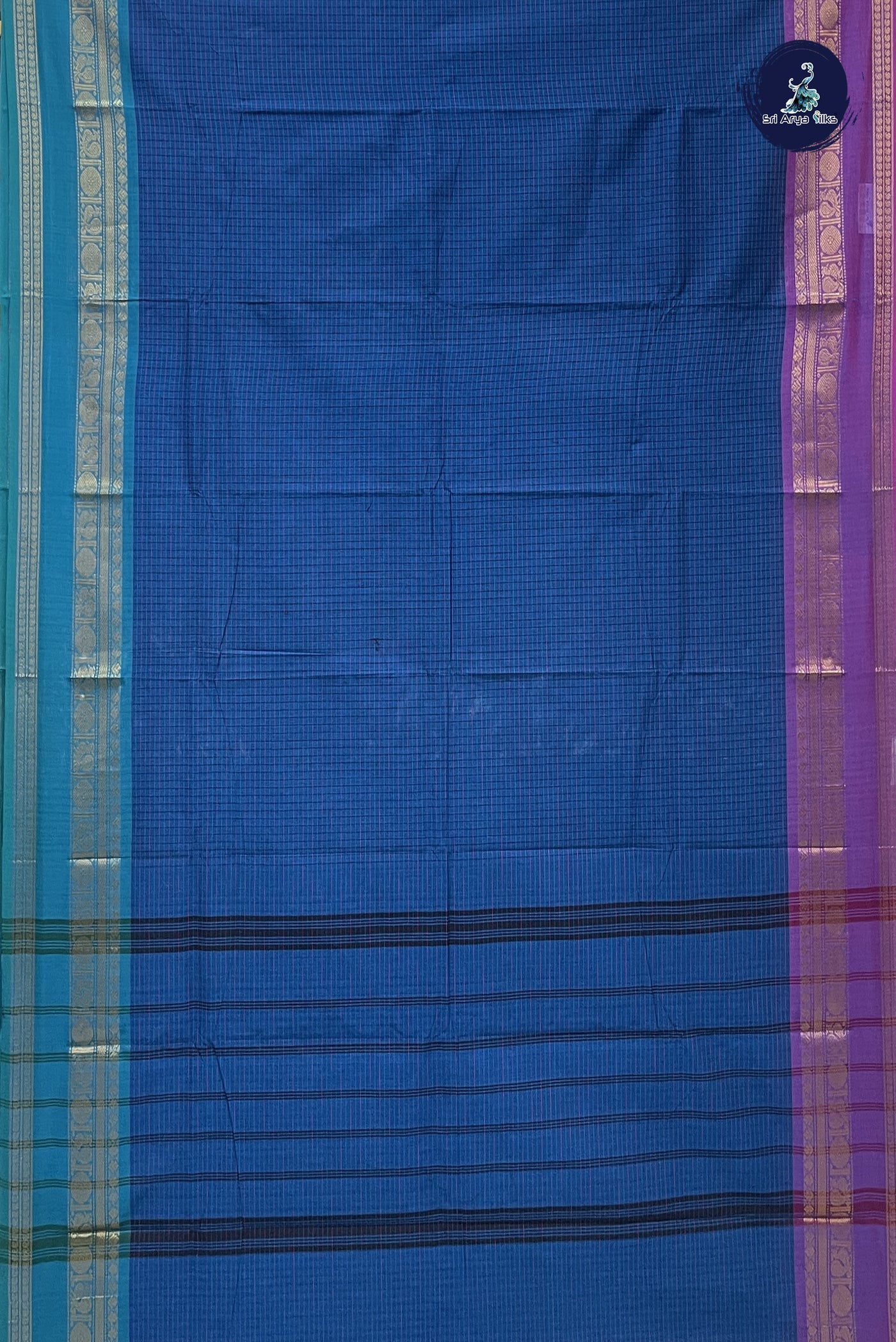 Blue Chettinad Cotton Saree With Checked Pattern