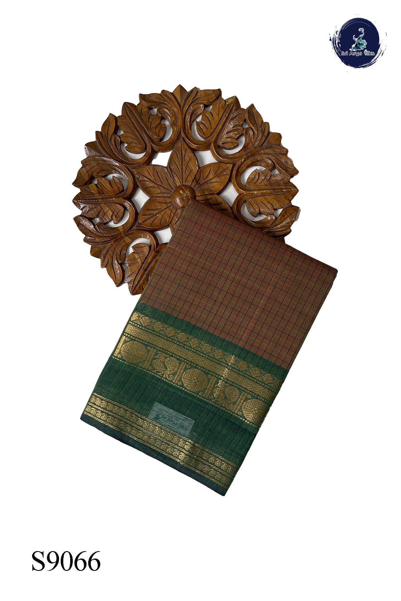 Dual Tone Mehendi Green Chettinad Cotton Saree With Checked Pattern