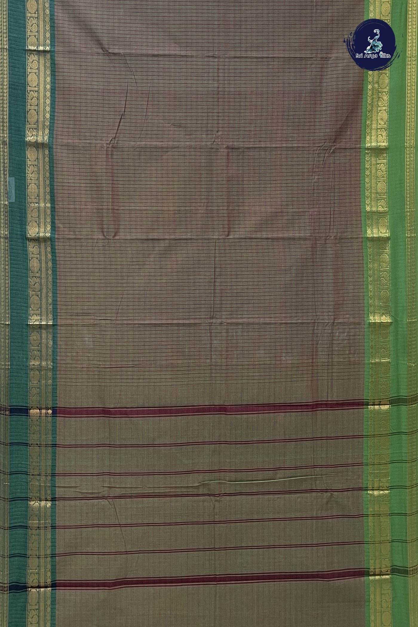 Dual Tone Mehendi Green Chettinad Cotton Saree With Checked Pattern