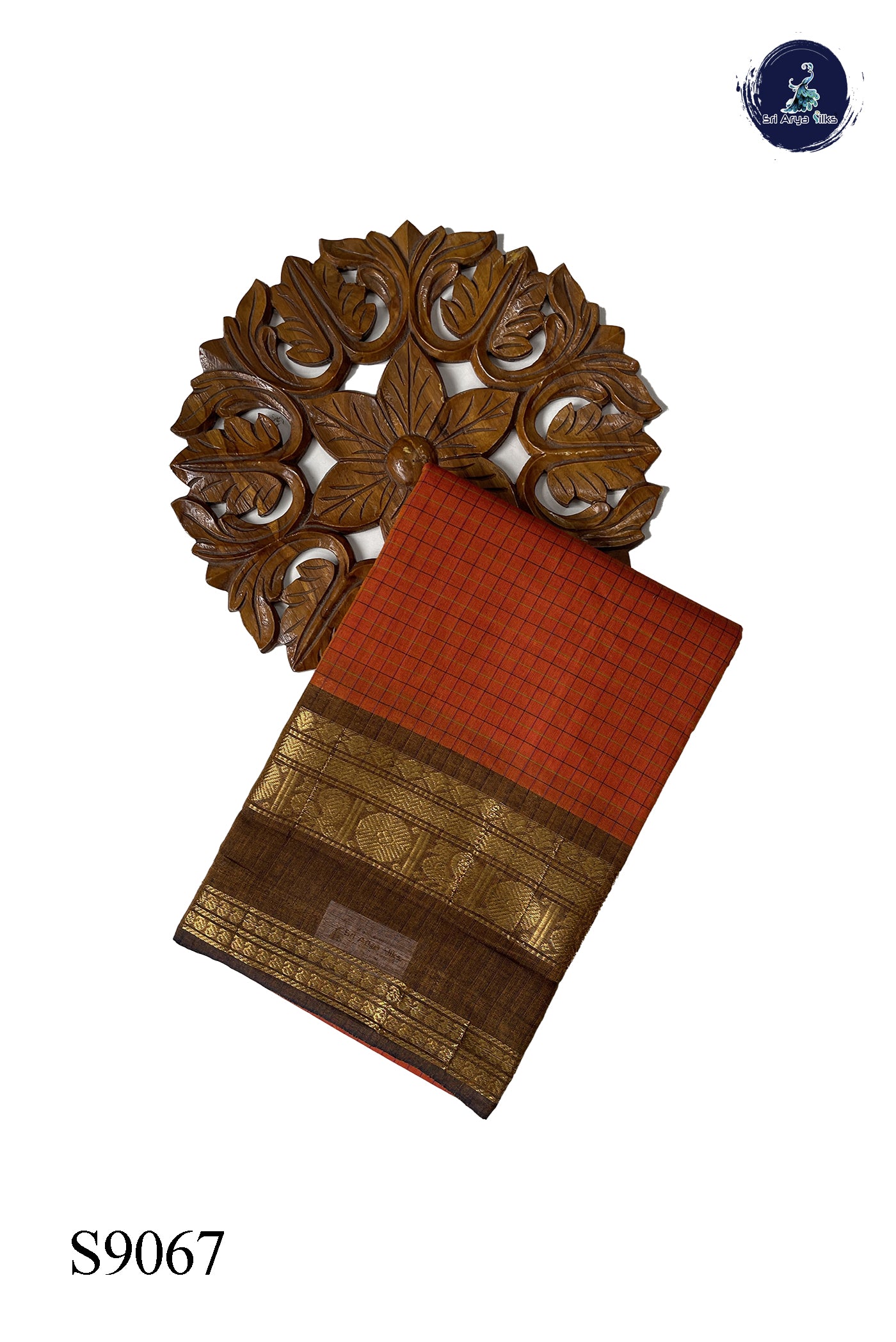 Rust Chettinad Cotton Saree With Checked Pattern