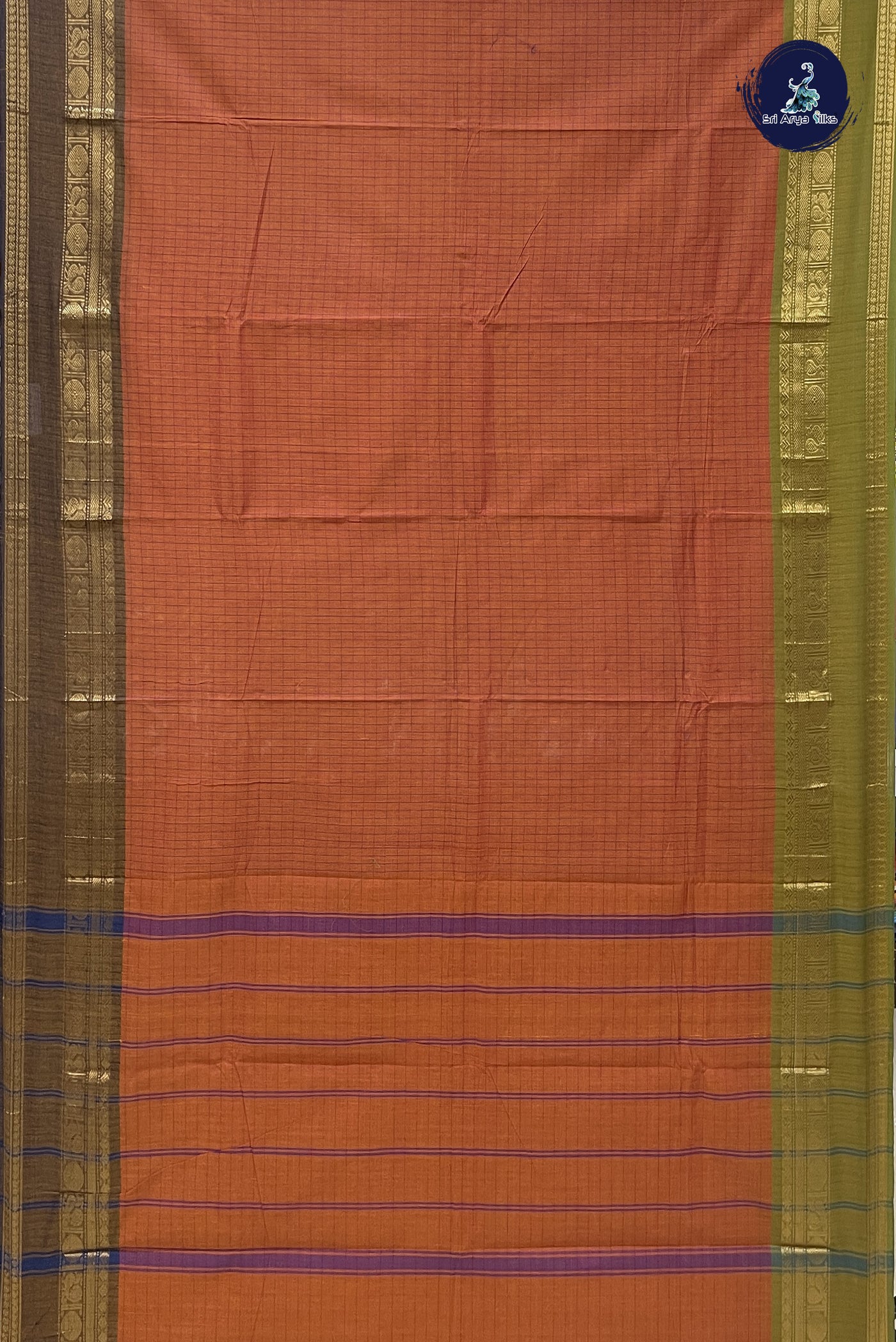 Rust Chettinad Cotton Saree With Checked Pattern