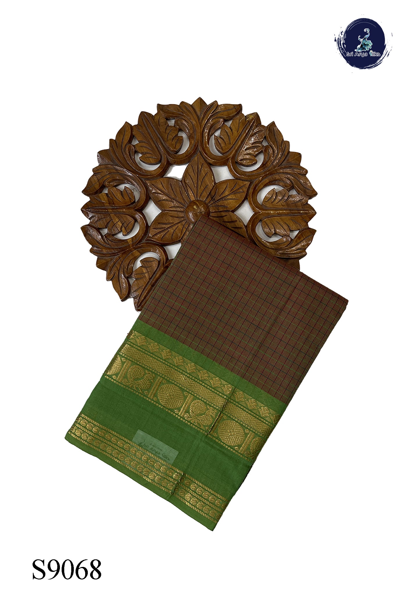 Dual Tone Mehendi Green Chettinad Cotton Saree With Checked Pattern