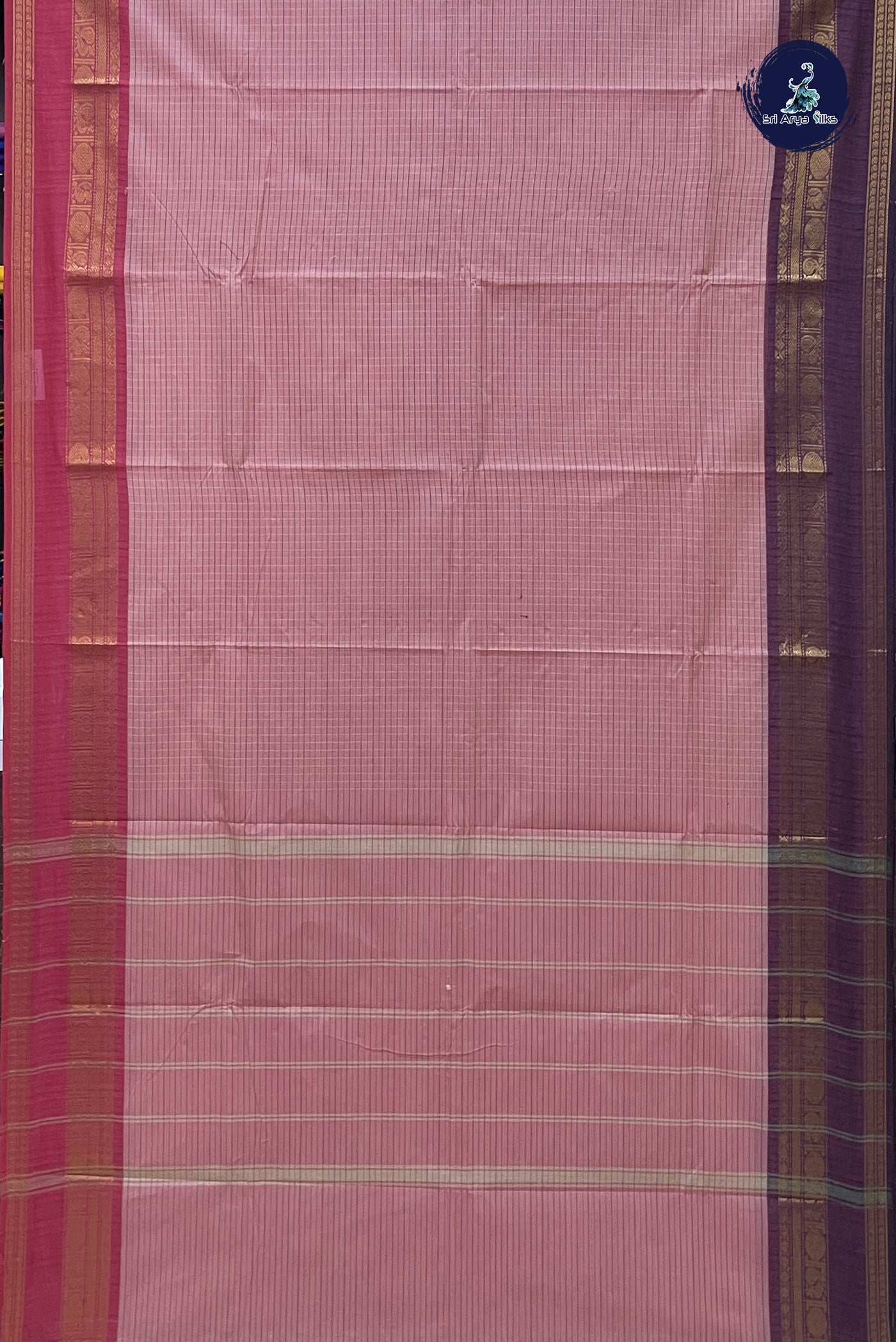 Peach Chettinad Cotton Saree With Checked Pattern