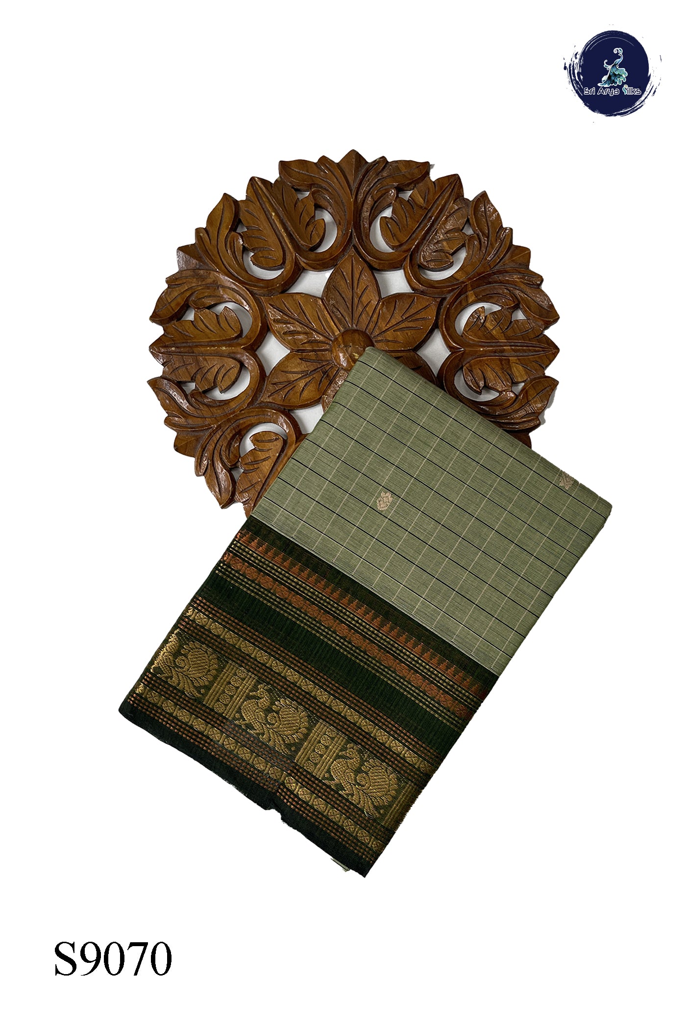 Elaichi Green Chettinad Cotton Saree With Checked Pattern