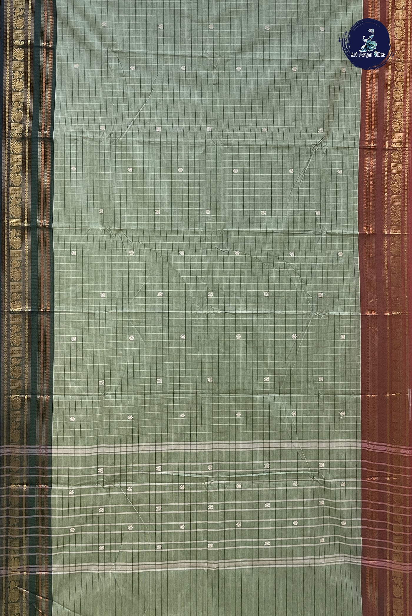 Elaichi Green Chettinad Cotton Saree With Checked Pattern