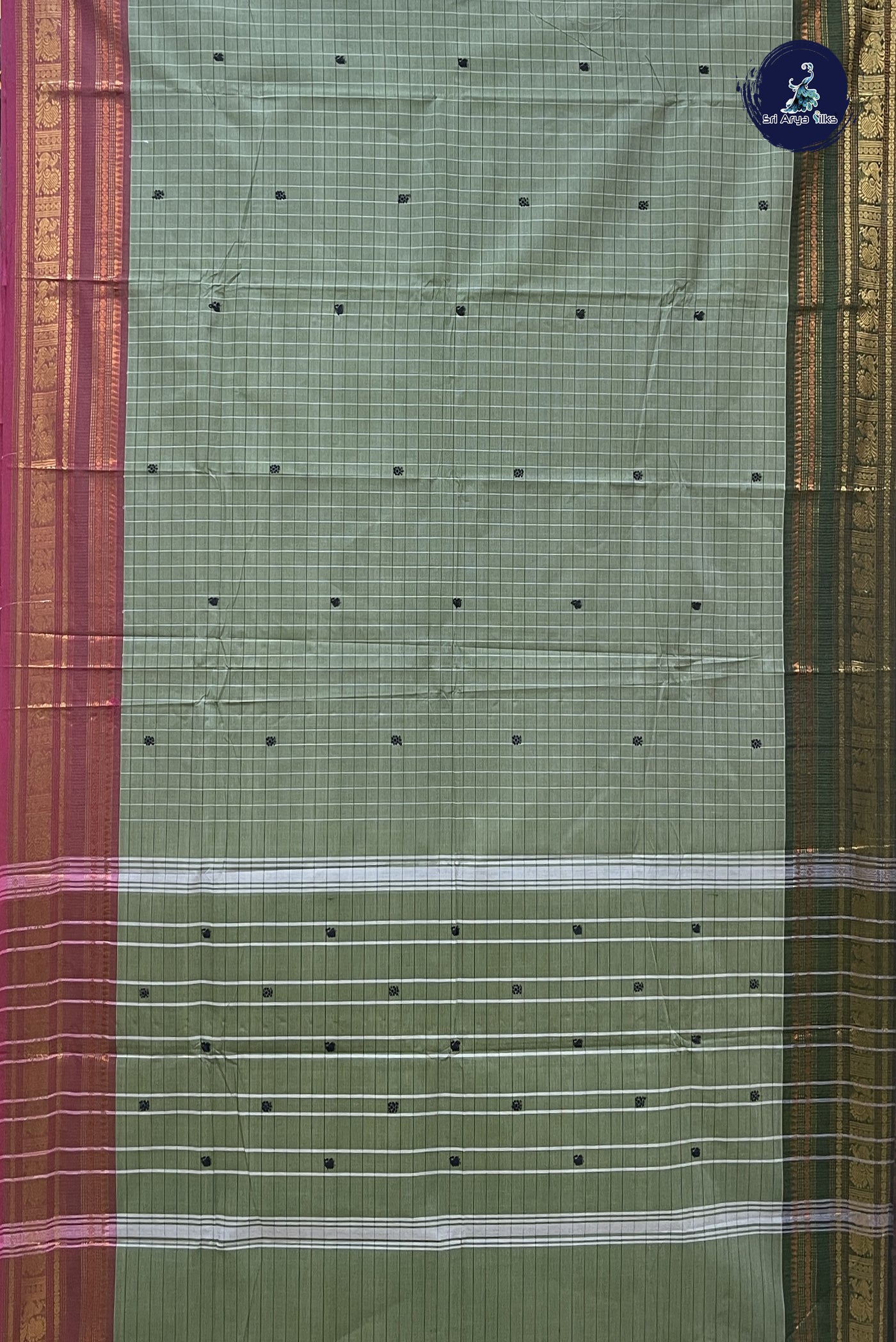 Light Green Chettinad Cotton Saree With Checked Pattern