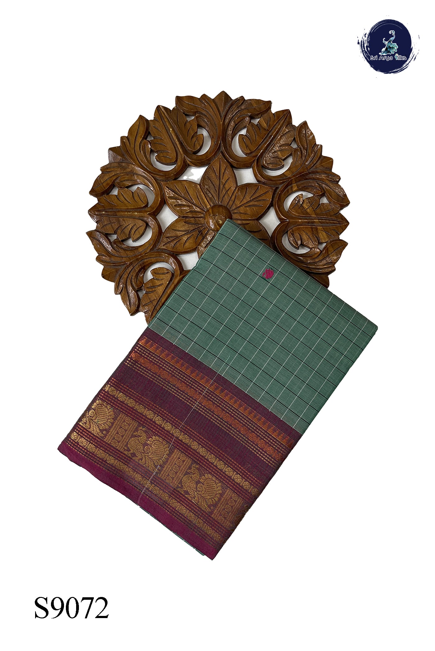 Sapphire Green Chettinad Cotton Saree With Checked Pattern