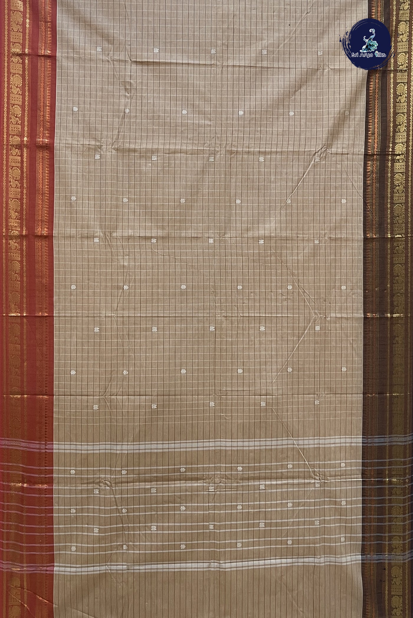 Camel Shade Chettinad Cotton Saree With Checked Pattern