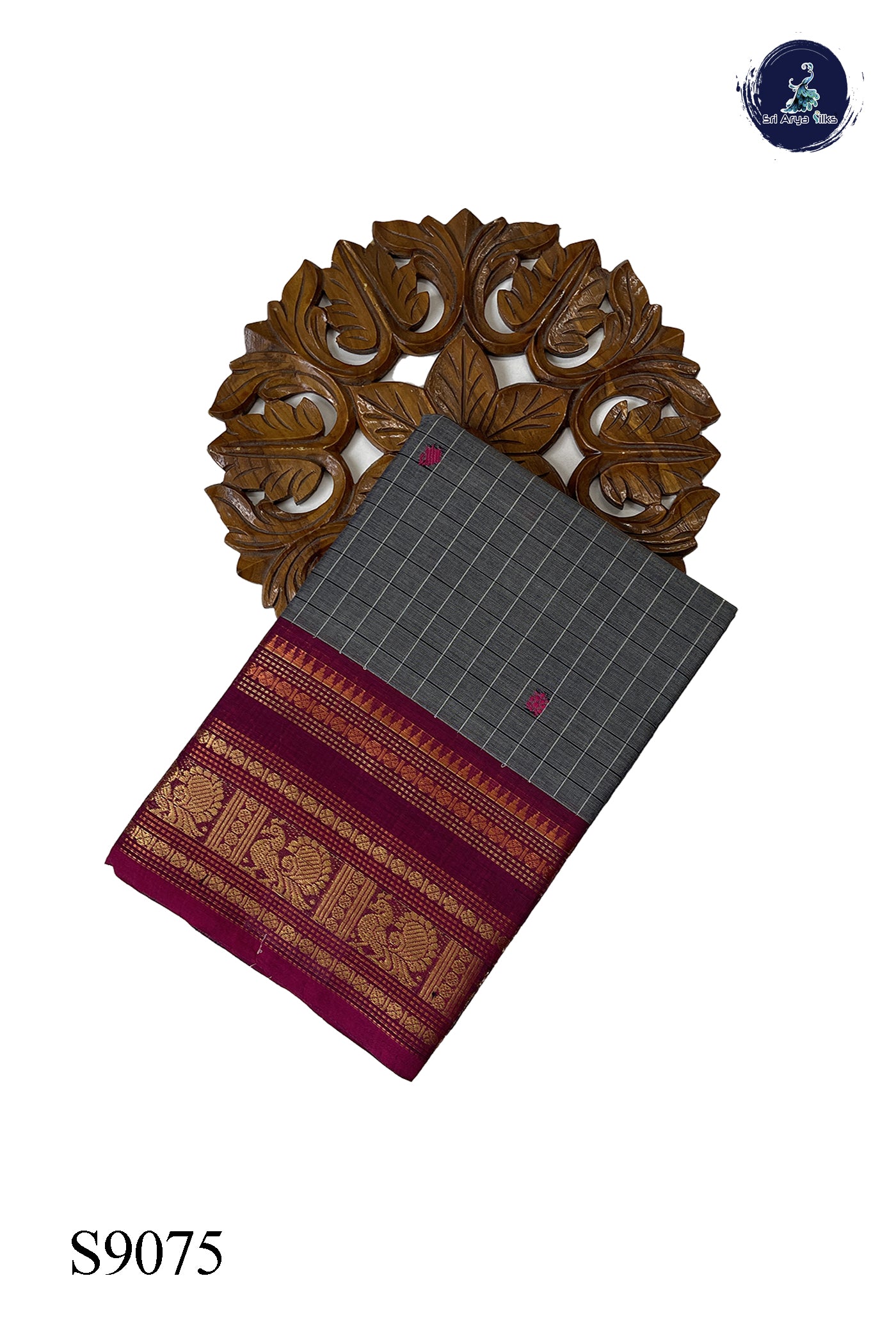 Grey Chettinad Cotton Saree With Checked Pattern