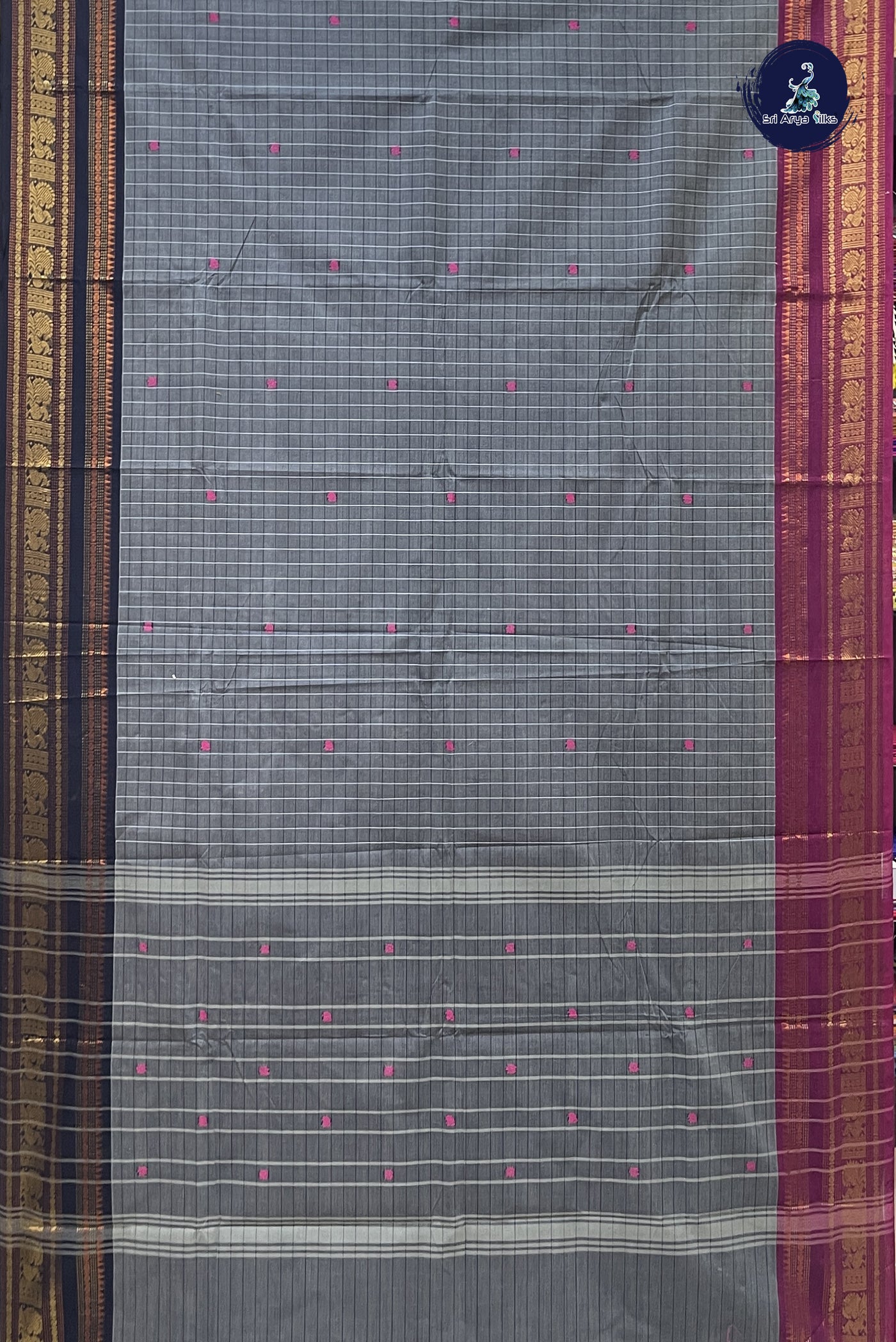 Grey Chettinad Cotton Saree With Checked Pattern