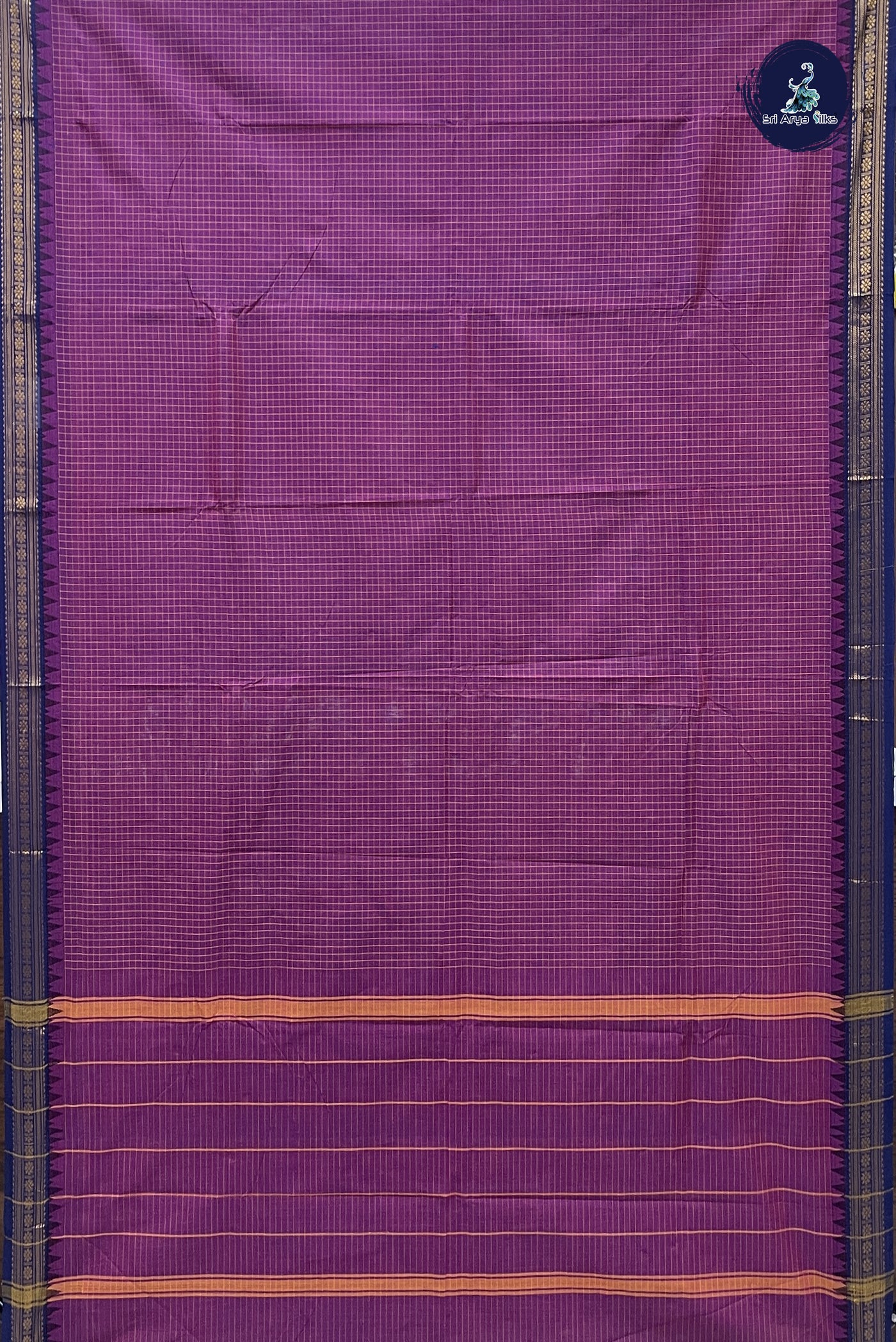 Purple Chettinad Cotton Saree With Checked Pattern