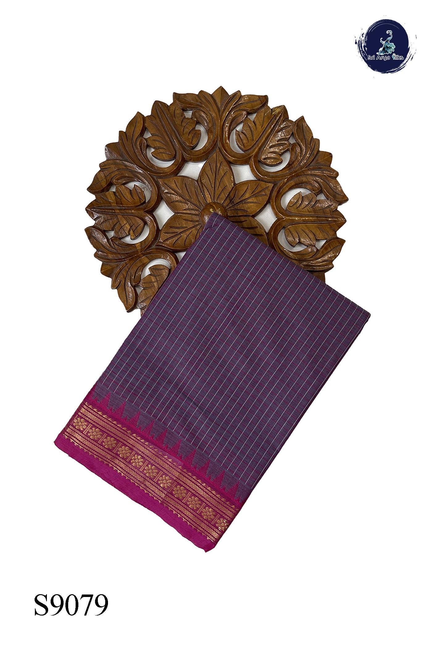 Lavender Chettinad Cotton Saree With Checked Pattern