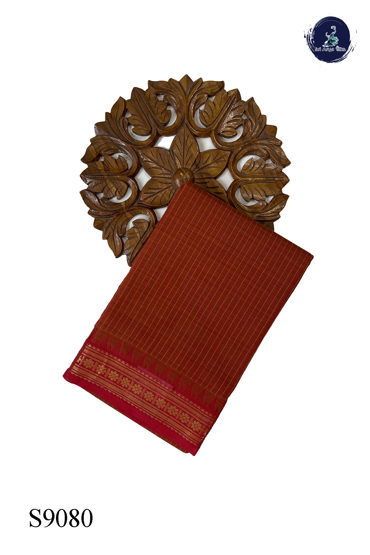 Rust Chettinad Cotton Saree With Checked Pattern