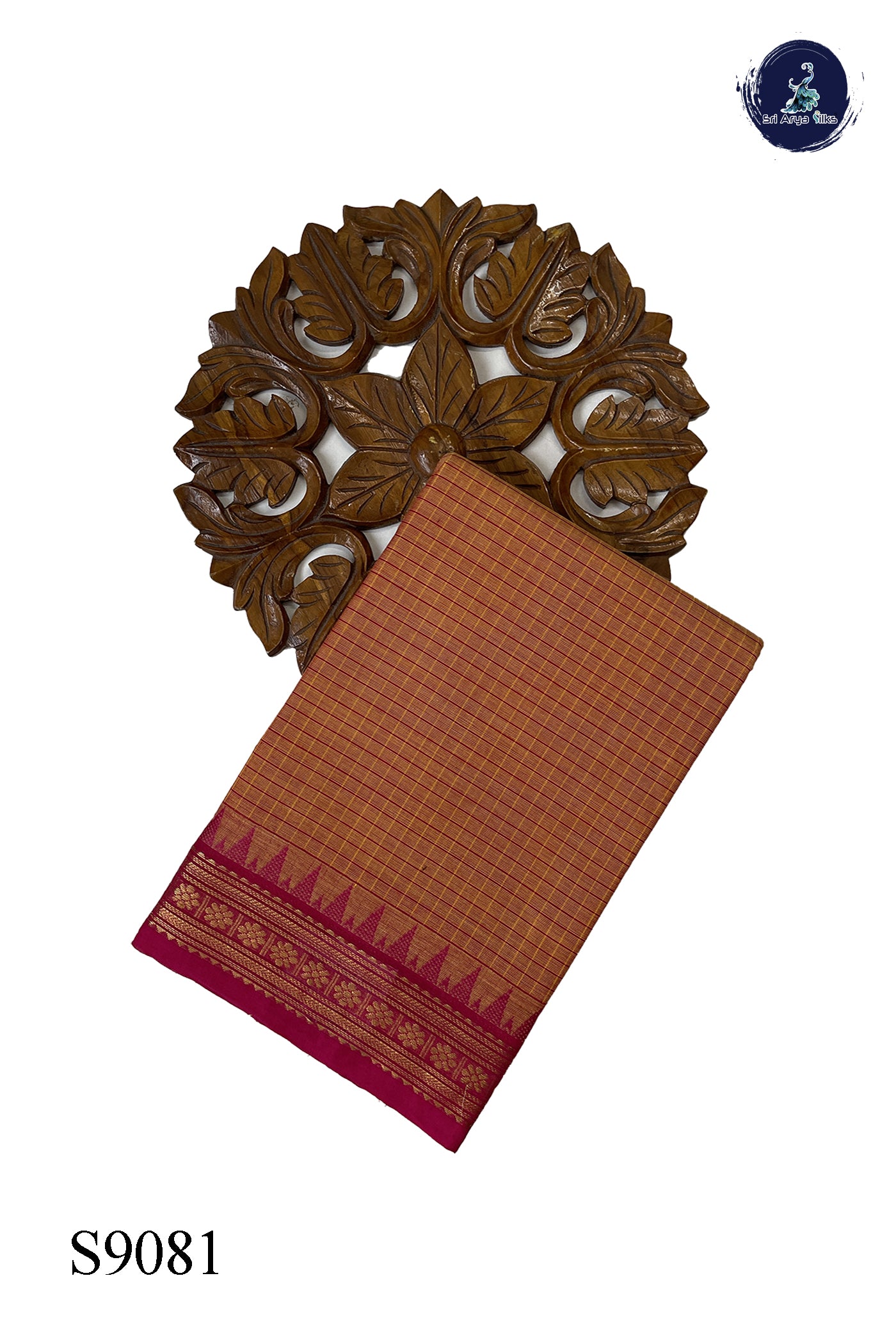 Light Orange Chettinad Cotton Saree With Checked Pattern