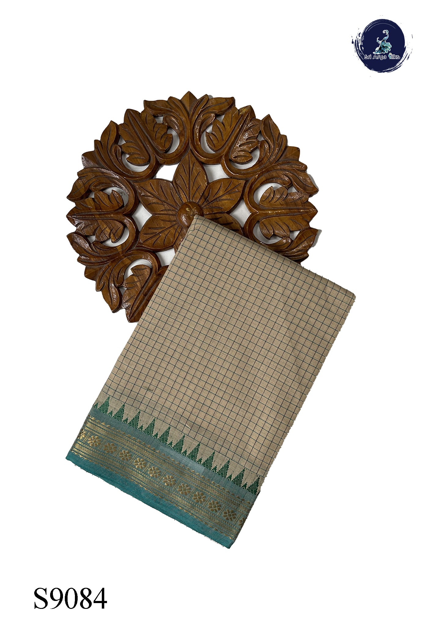 Fawn Chettinad Cotton Saree With Checked Pattern