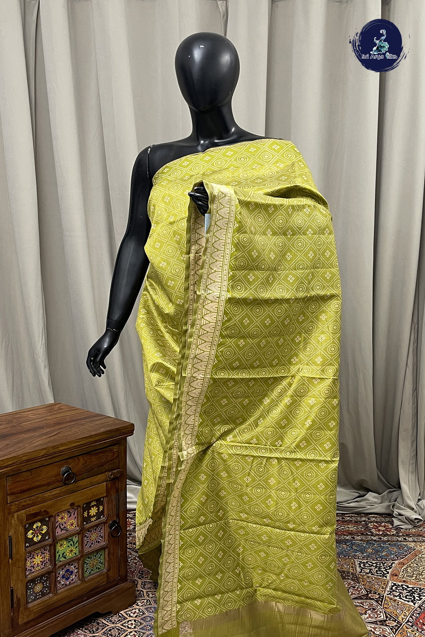 Green Semi Tussar Saree With Printed  Pattern