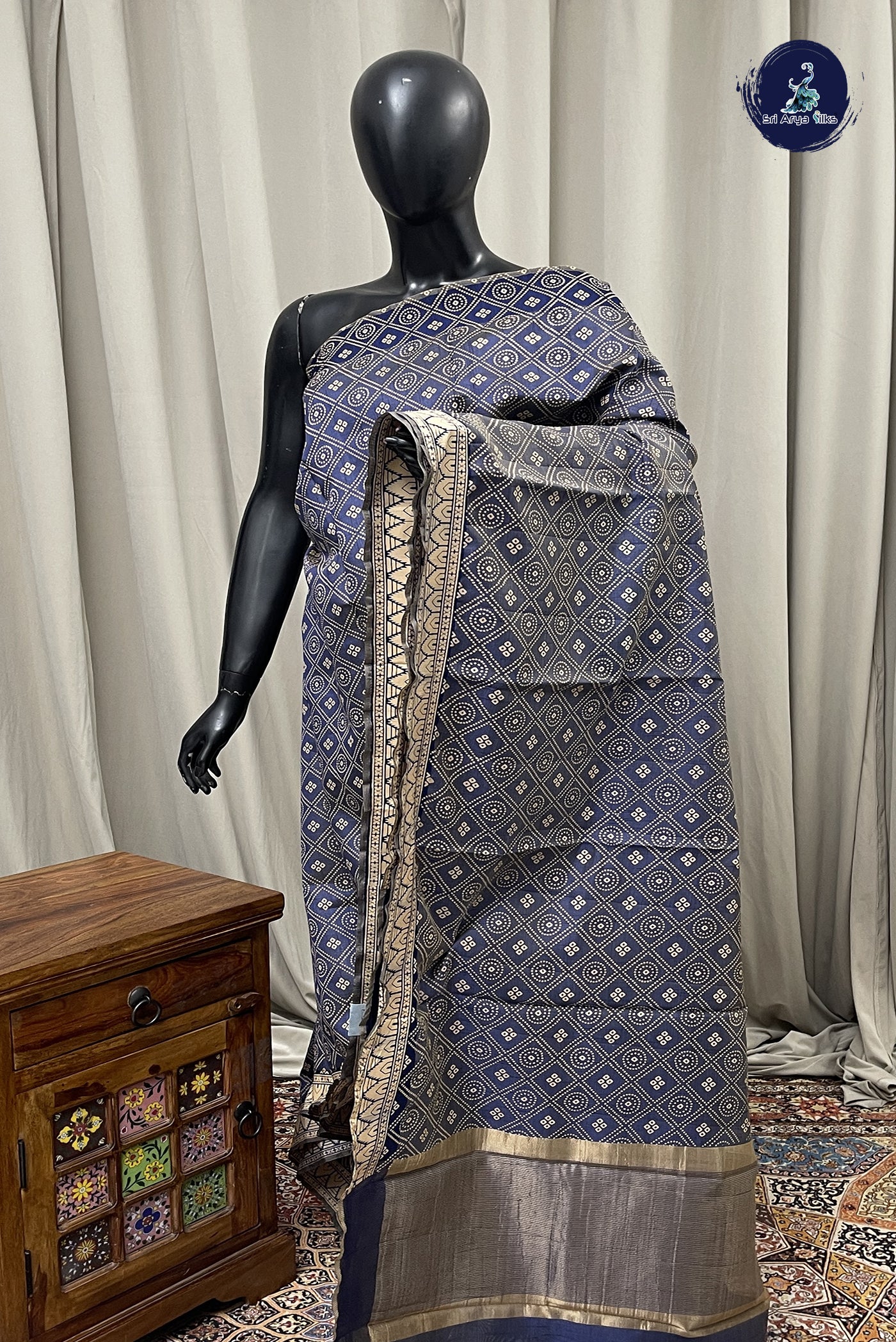 Blue Semi Tussar Saree With Printed Pattern