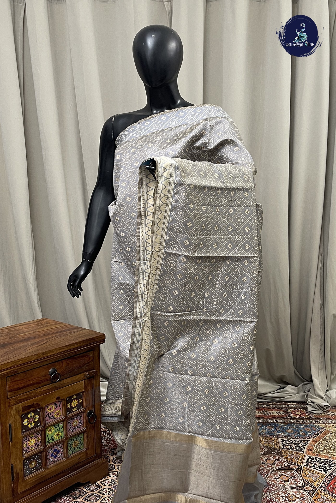 Grey Semi Tussar Saree With Printed  Pattern