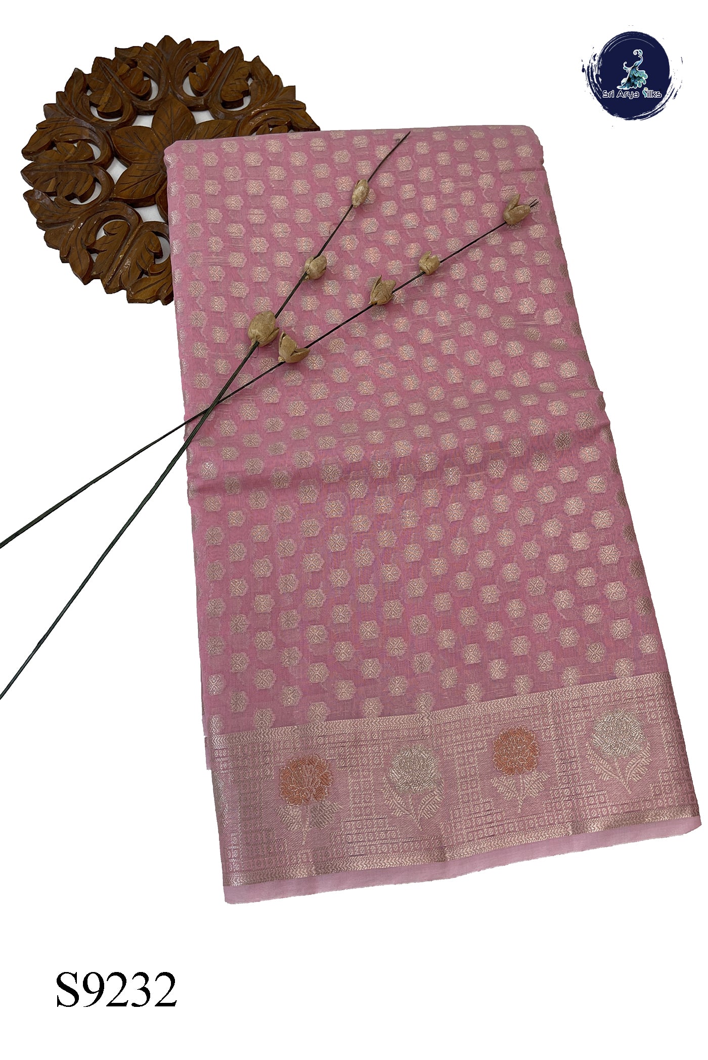 Baby Pink Semi Banarasi Saree With Zari Woven Pattern