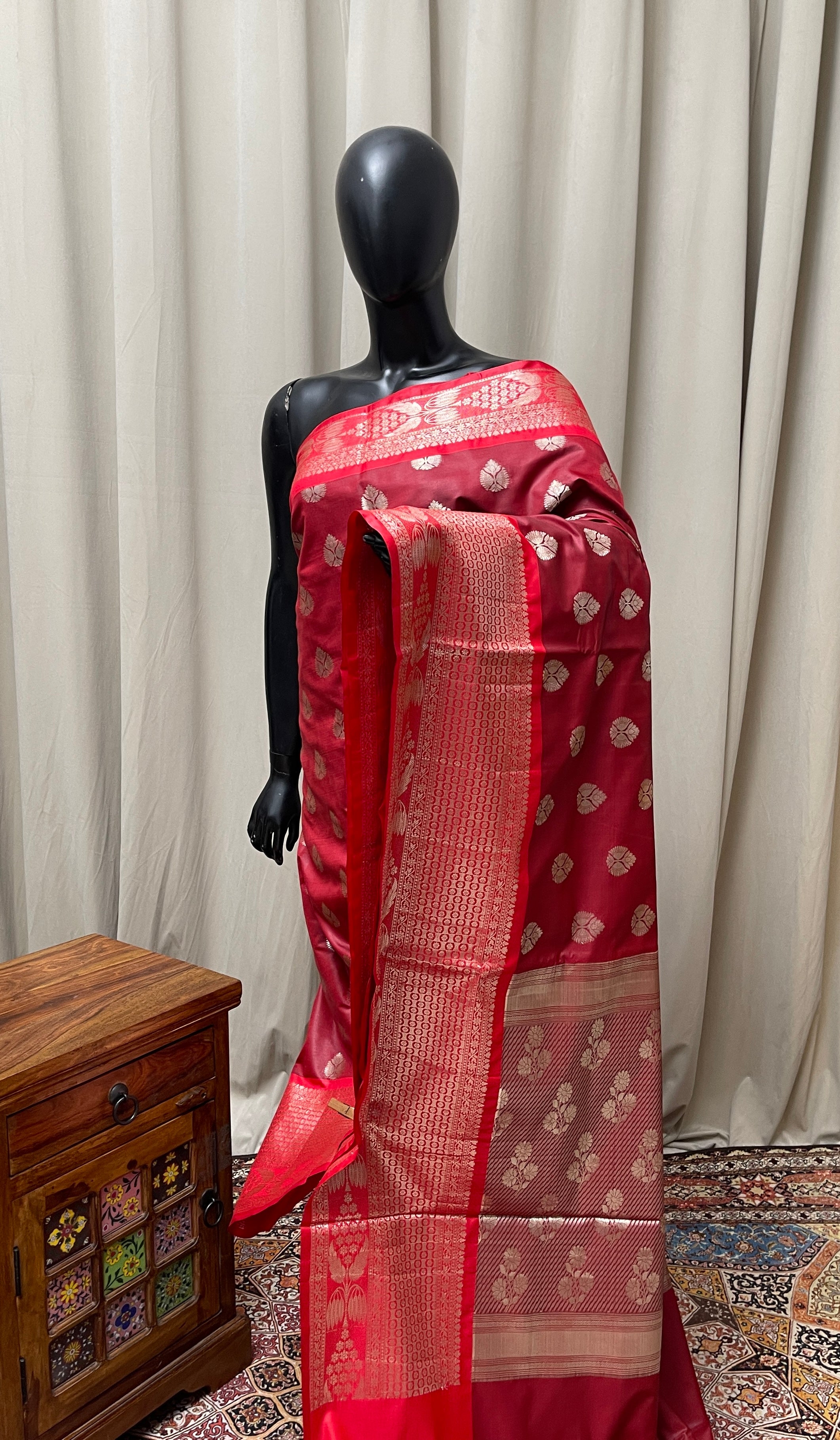 Teracotta Red Semi Banarasi Saree With Zari Buttas Pattern