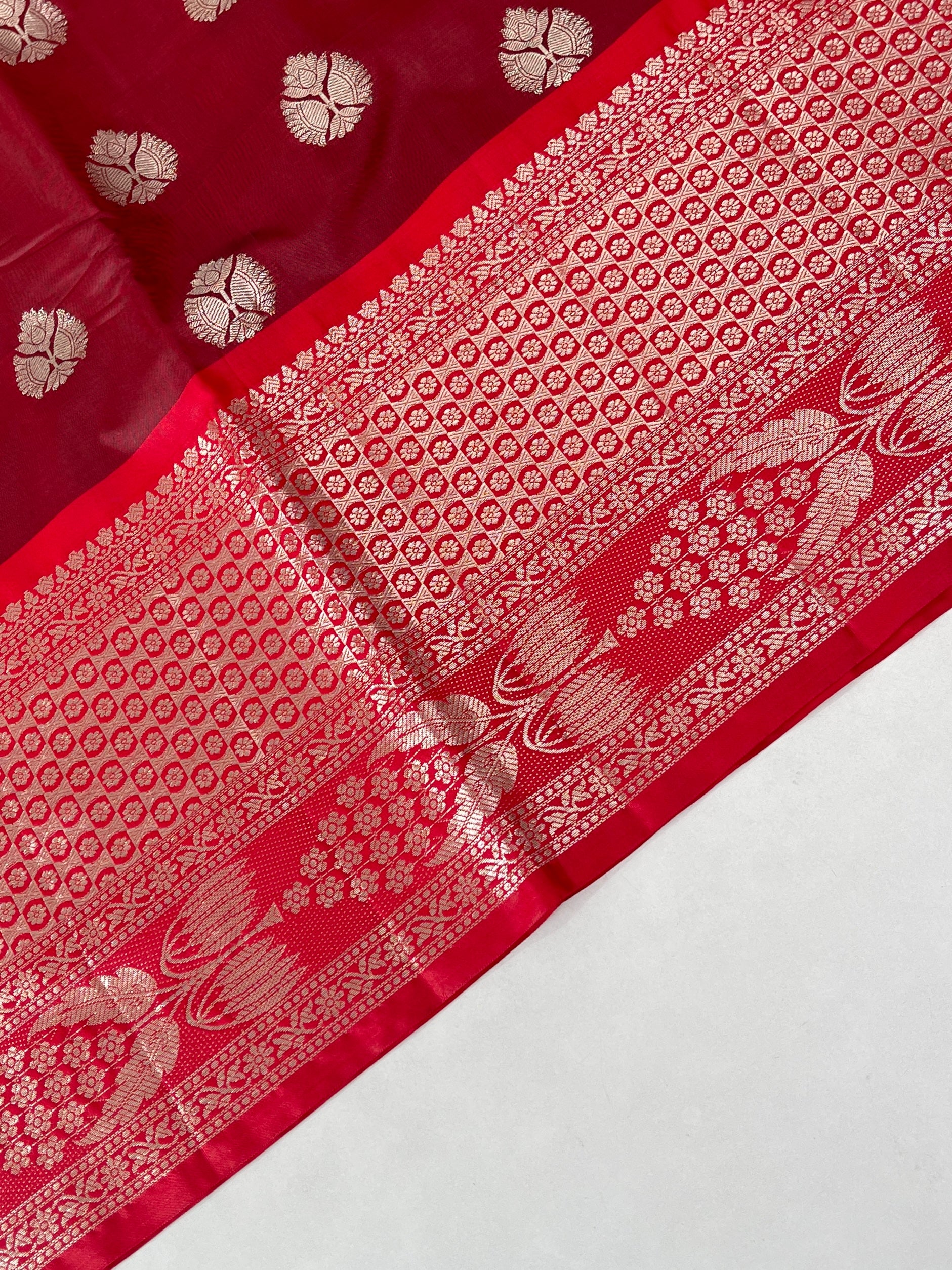 Teracotta Red Semi Banarasi Saree With Zari Buttas Pattern