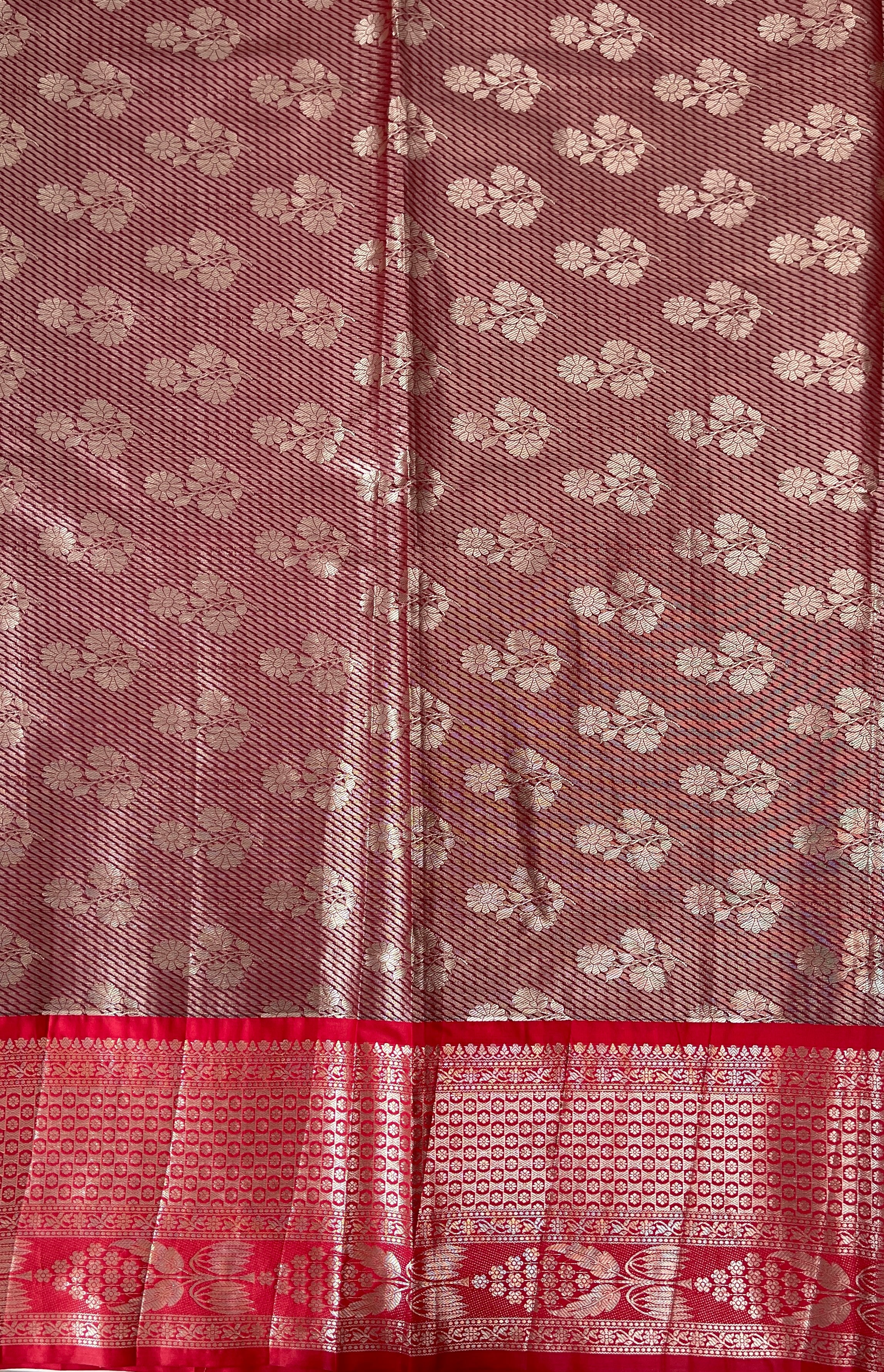 Teracotta Red Semi Banarasi Saree With Zari Buttas Pattern