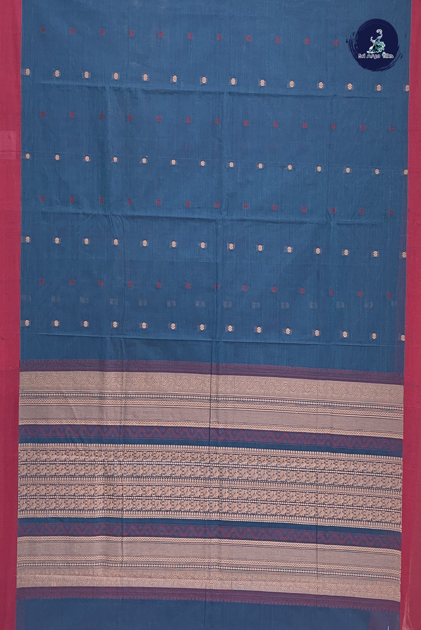 Peacock Blue Kanchi Cotton Saree With Thread Work Pattern