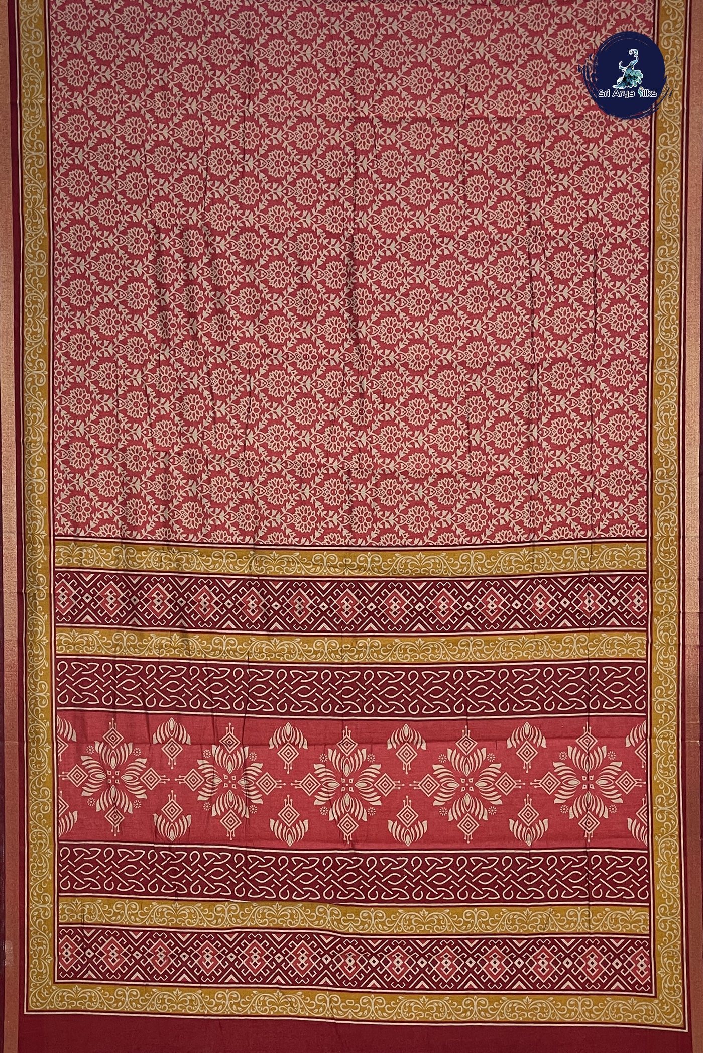 Brick Red Chanderi Silk Cotton Saree With Printed Pattern