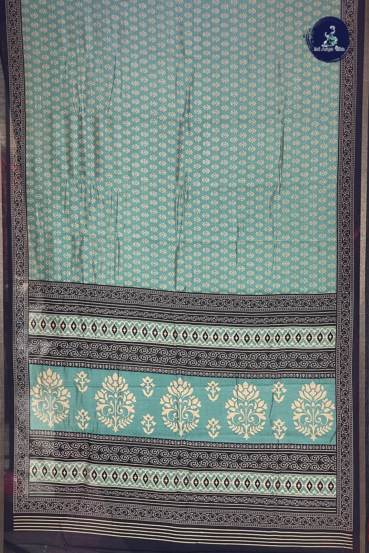 Sea Green Chanderi Silk Cotton Saree With Printed Pattern