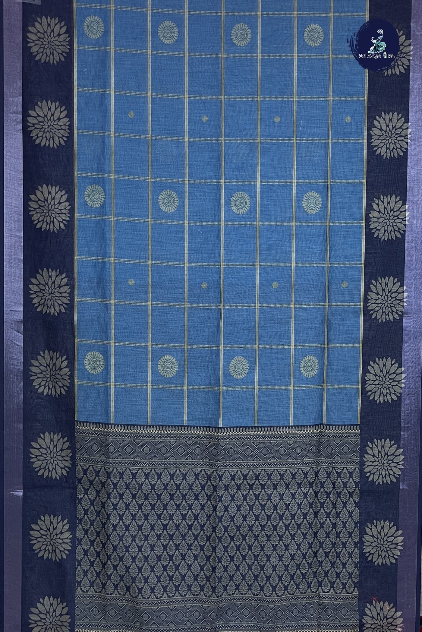 Copper Sulphate Blue Linen Saree With Printed Pattern