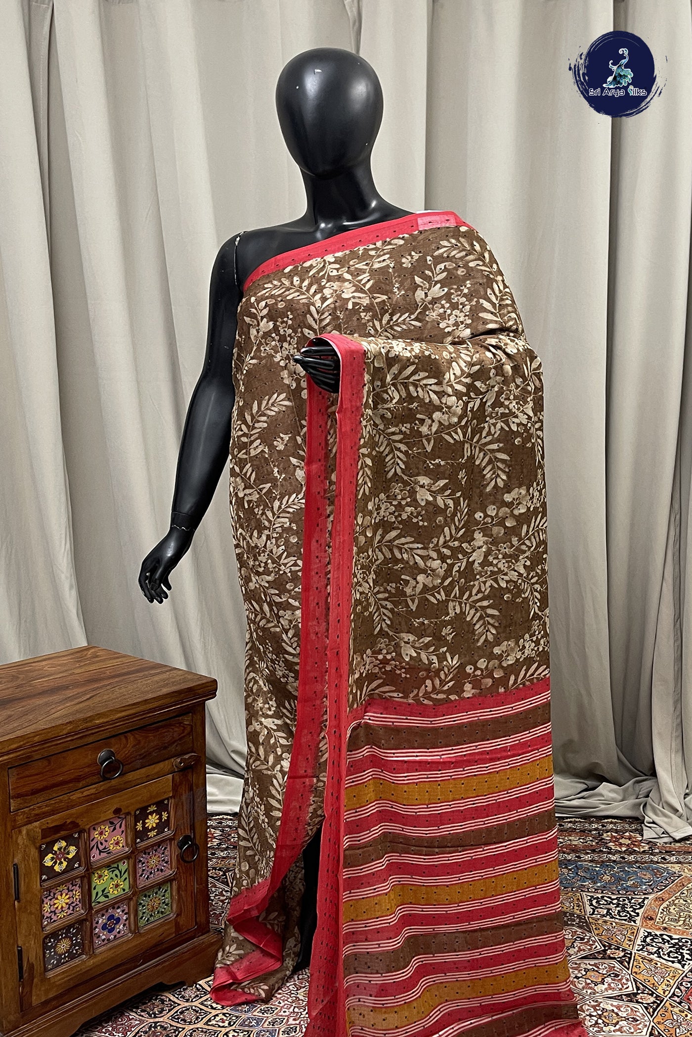 Brown Chiffon Saree With Printed Pattern