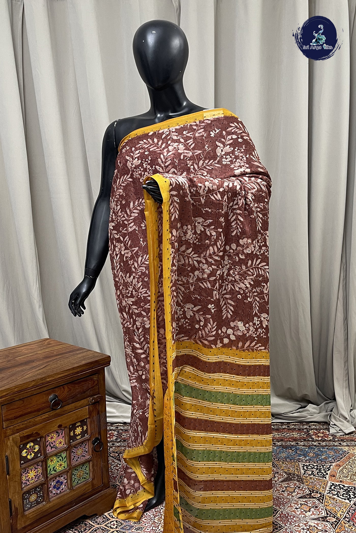 Brown Chiffon Saree With Printed Pattern