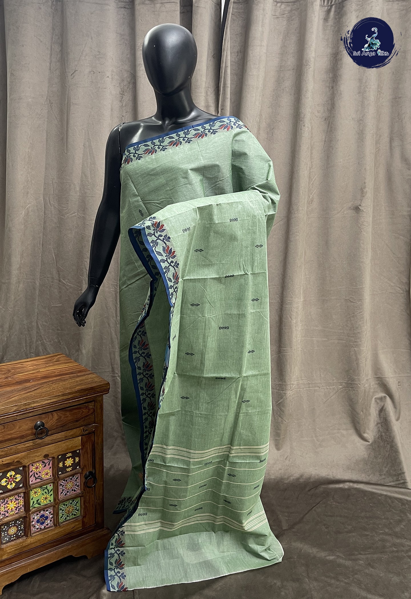 Pastel Green Chettinad Cotton Saree With Buttas Pattern