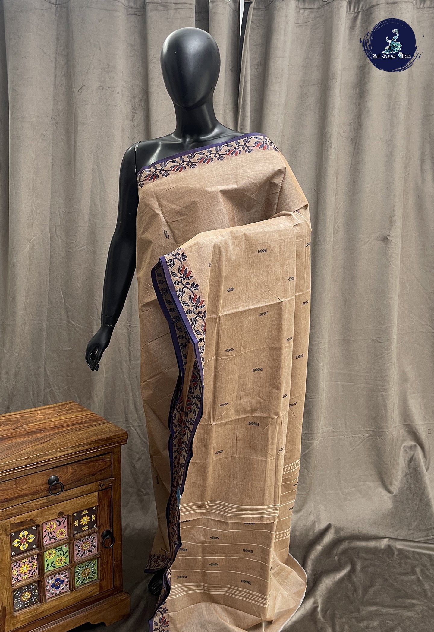 Biscuit Shade Chettinad Cotton Saree With Buttas Pattern