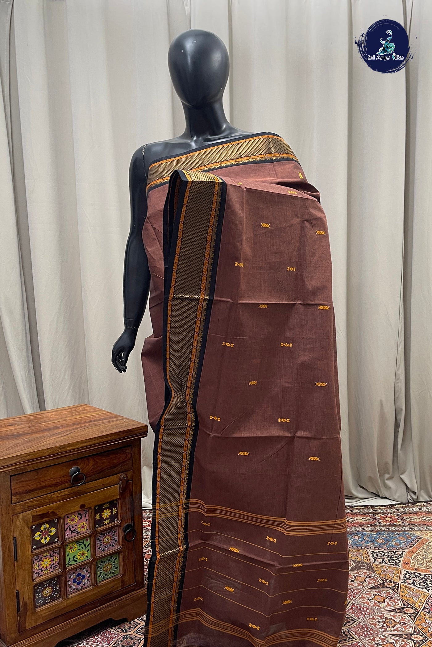 Brown Chettinad Cotton Saree With Buttas Pattern