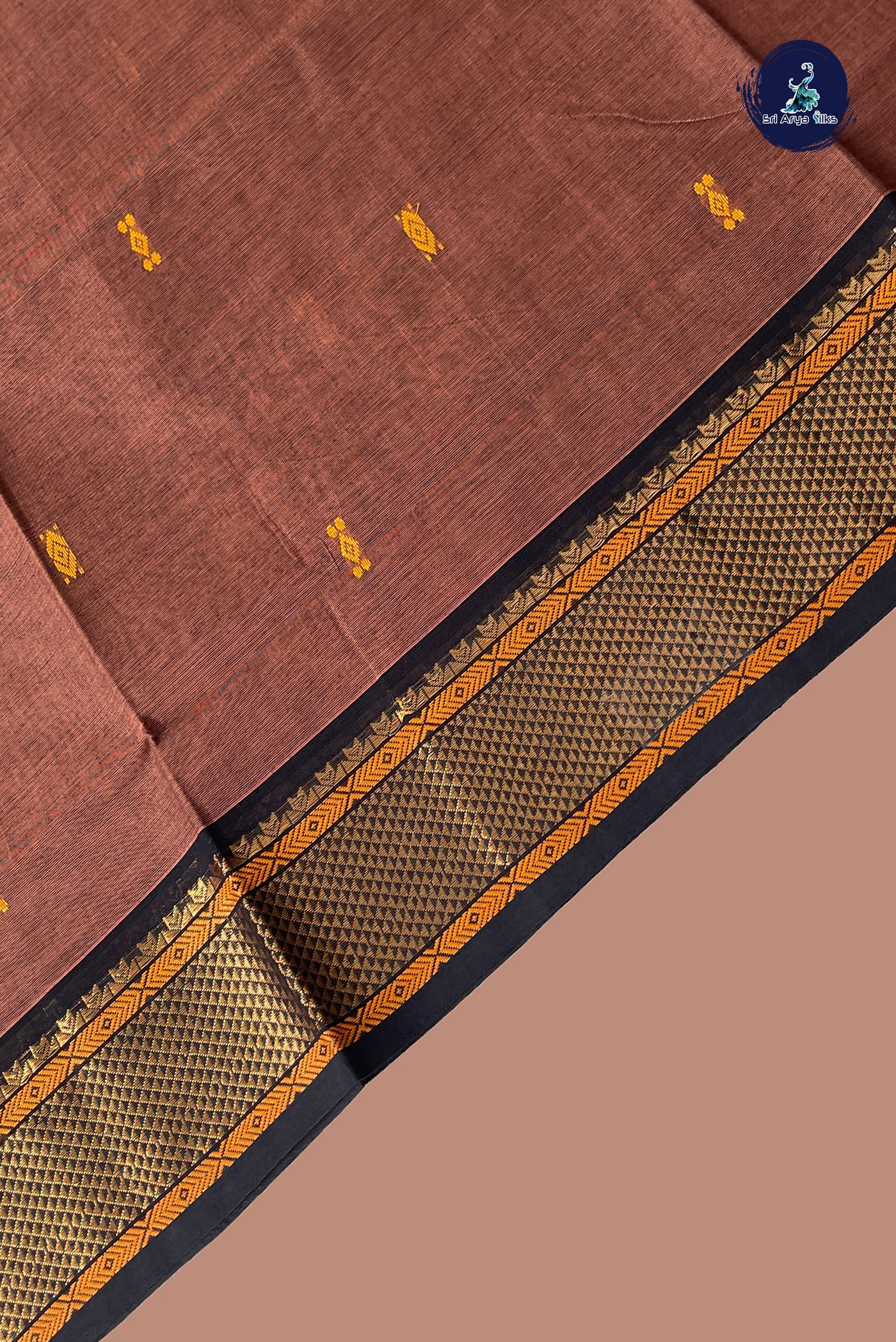 Brown Chettinad Cotton Saree With Buttas Pattern