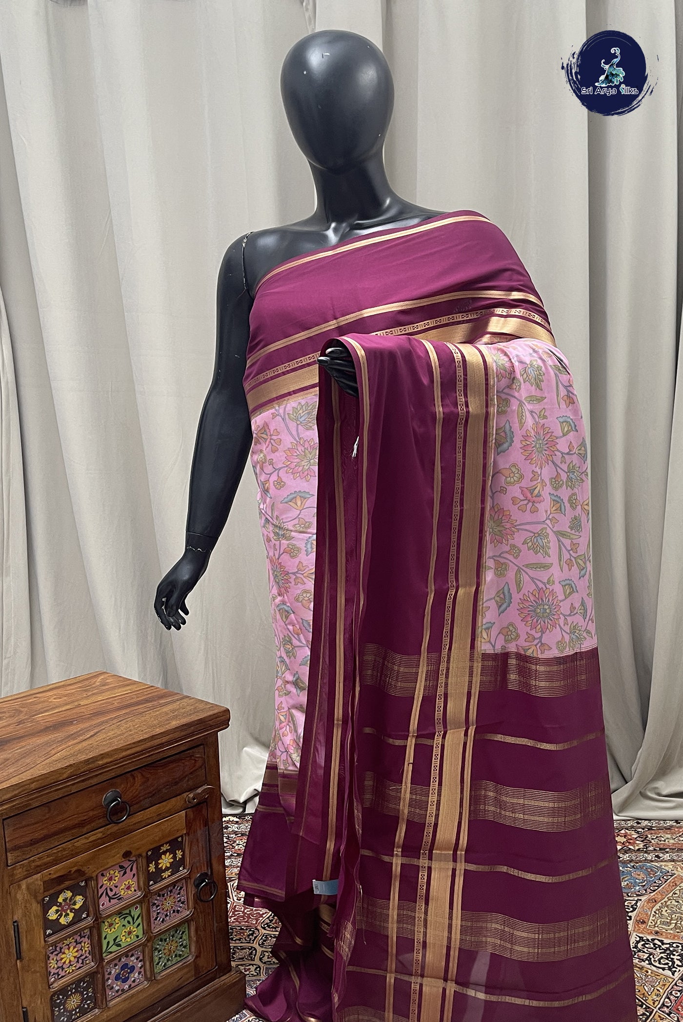Baby Pink Semi Grape Silk Saree With Floral Print Pattern