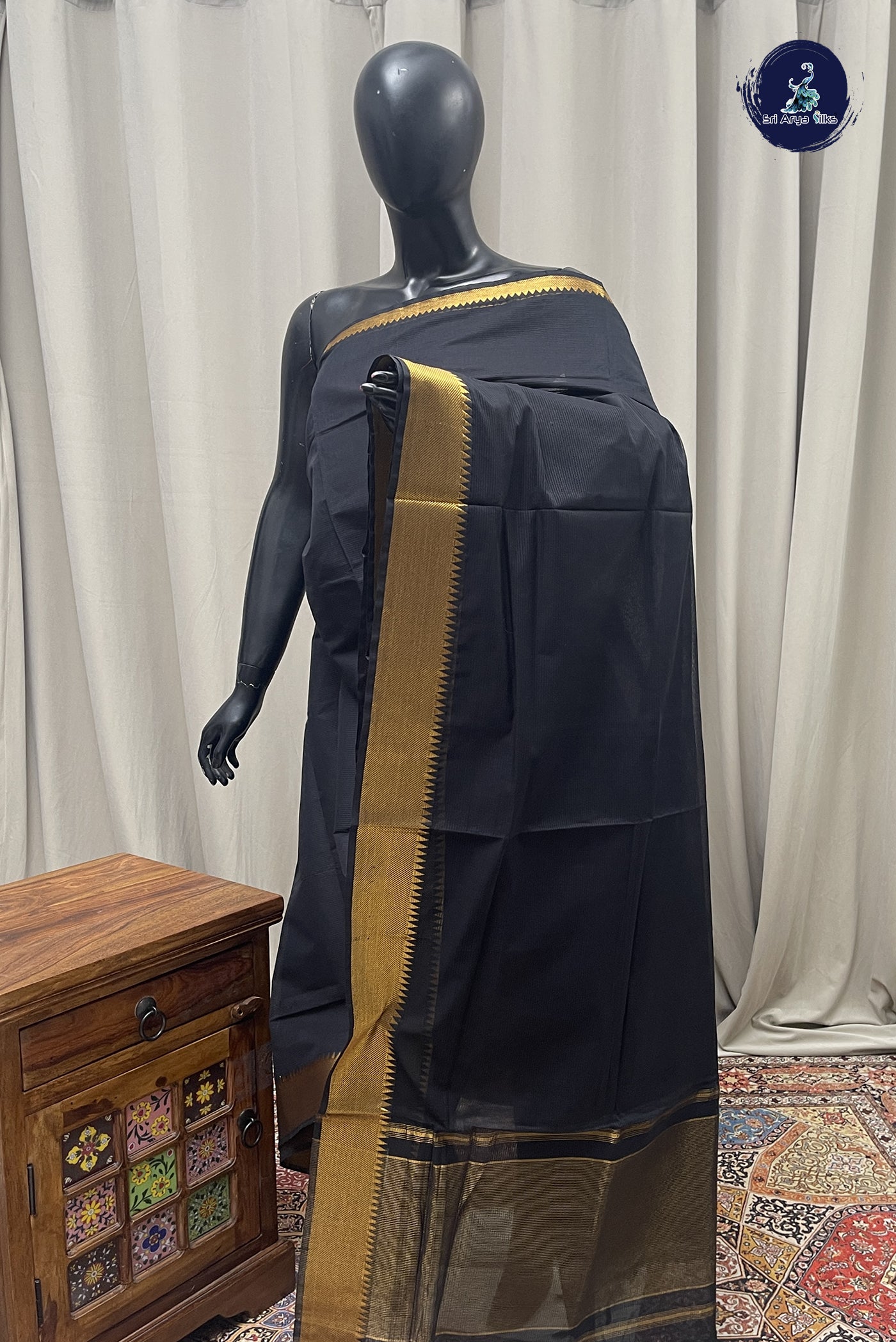 Black Mangalgiri Cotton Saree With Doria Lines Pattern