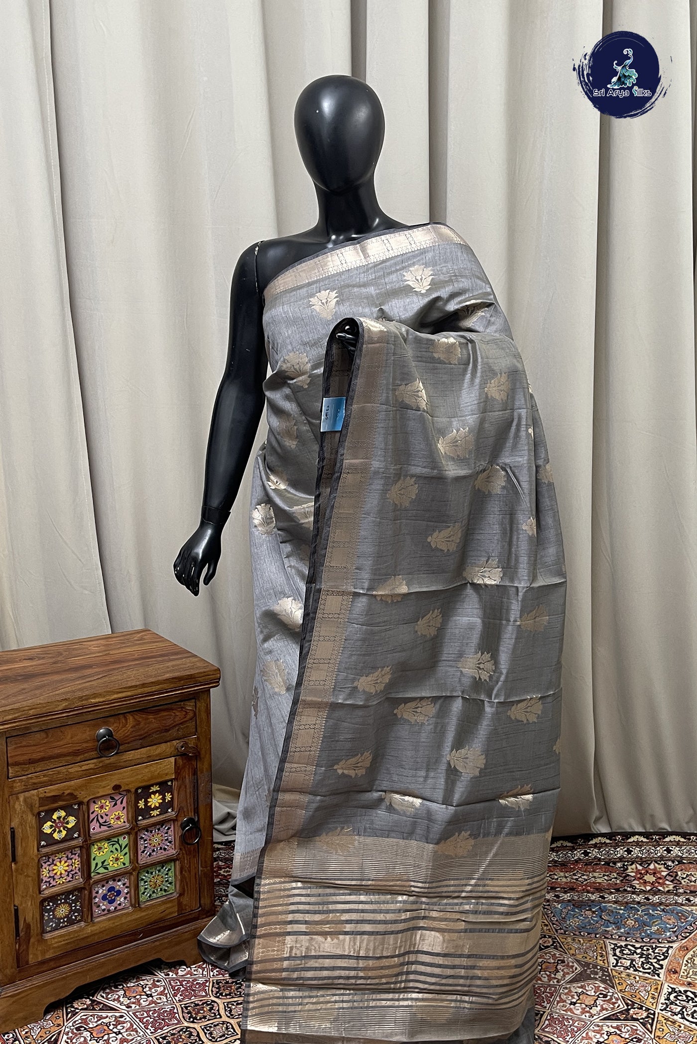 Grey Semi Tussar Saree With Zari Buttas Pattern