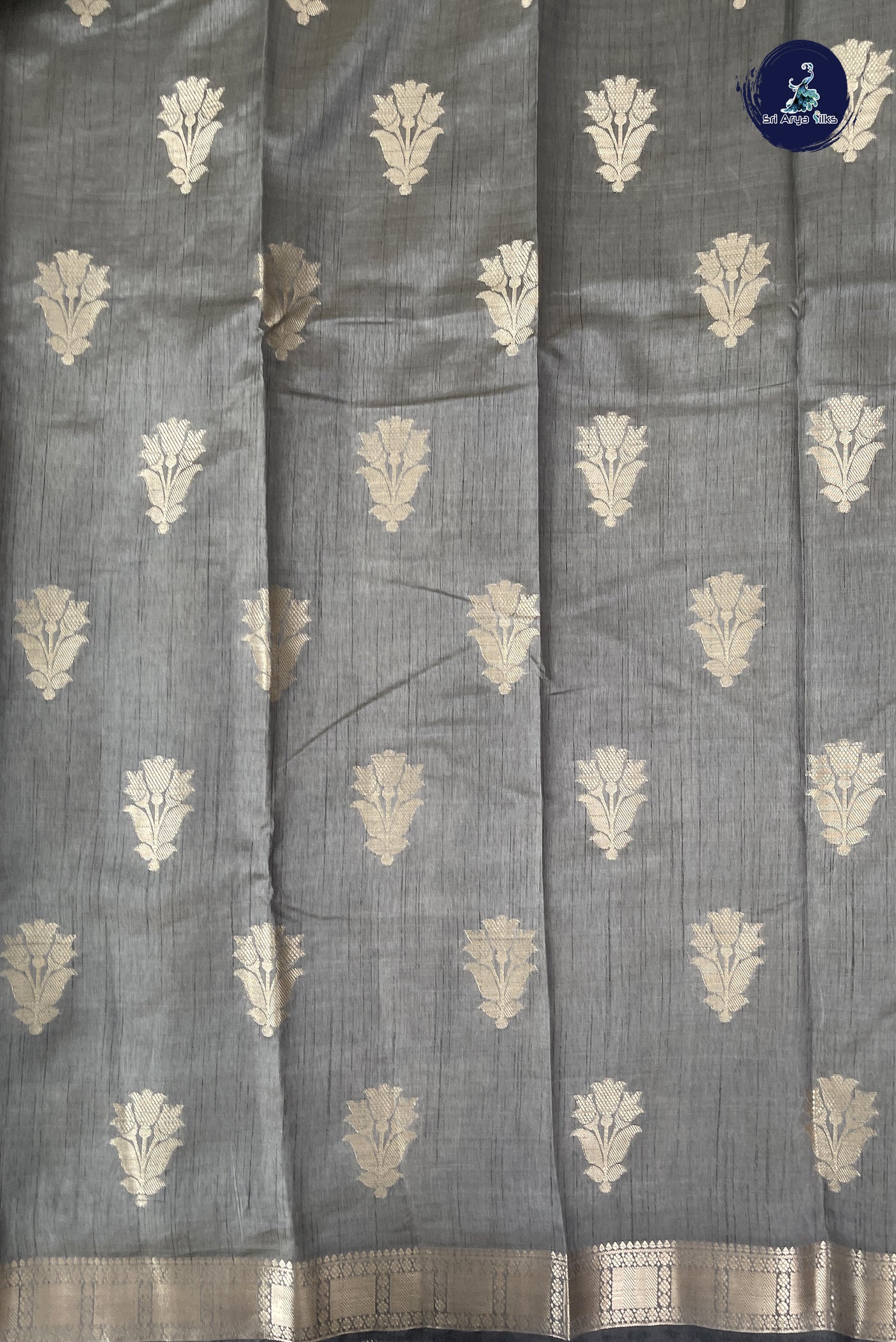Grey Semi Tussar Saree With Zari Buttas Pattern