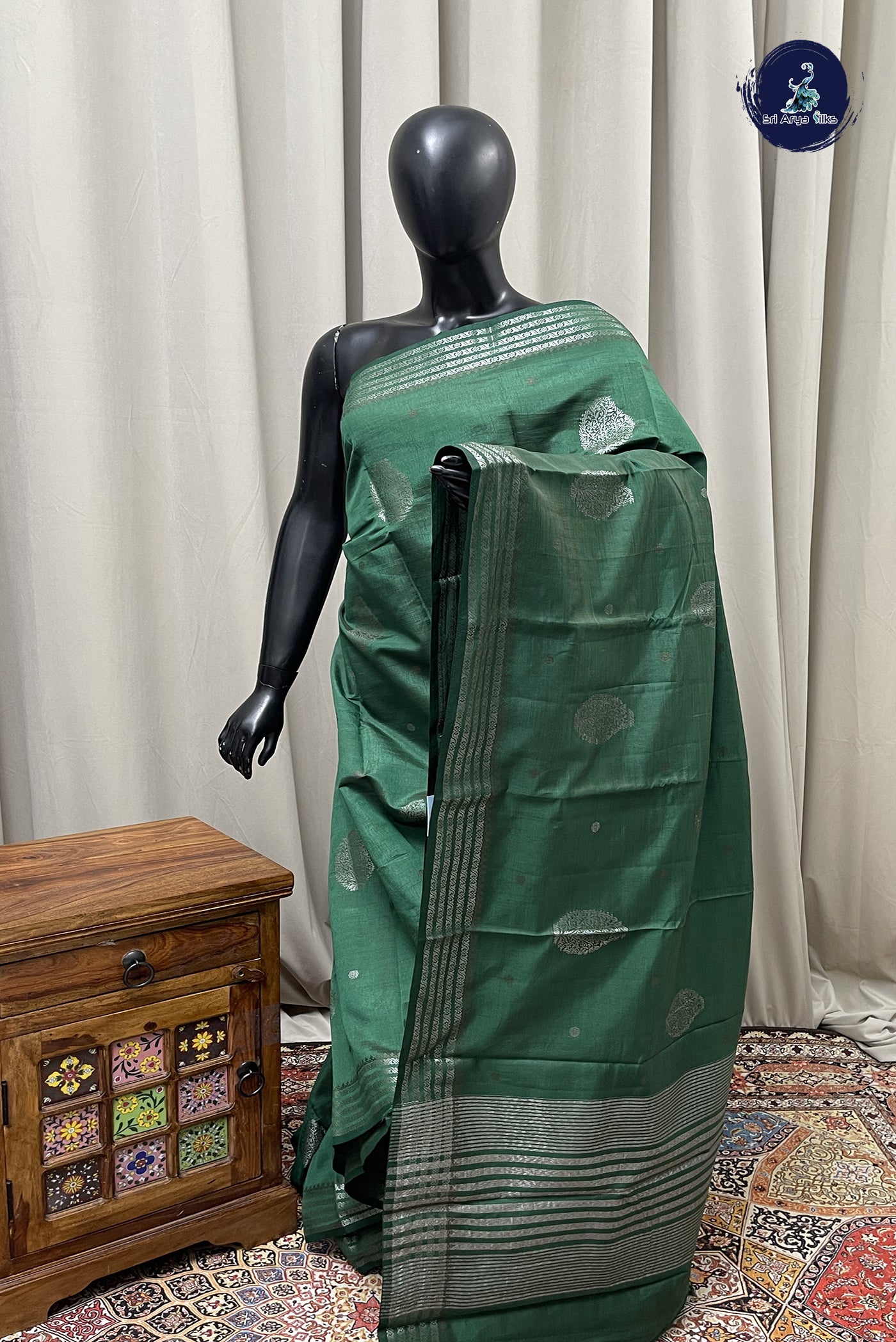 Dark Green Semi Tussar Saree With Zari Buttas Pattern