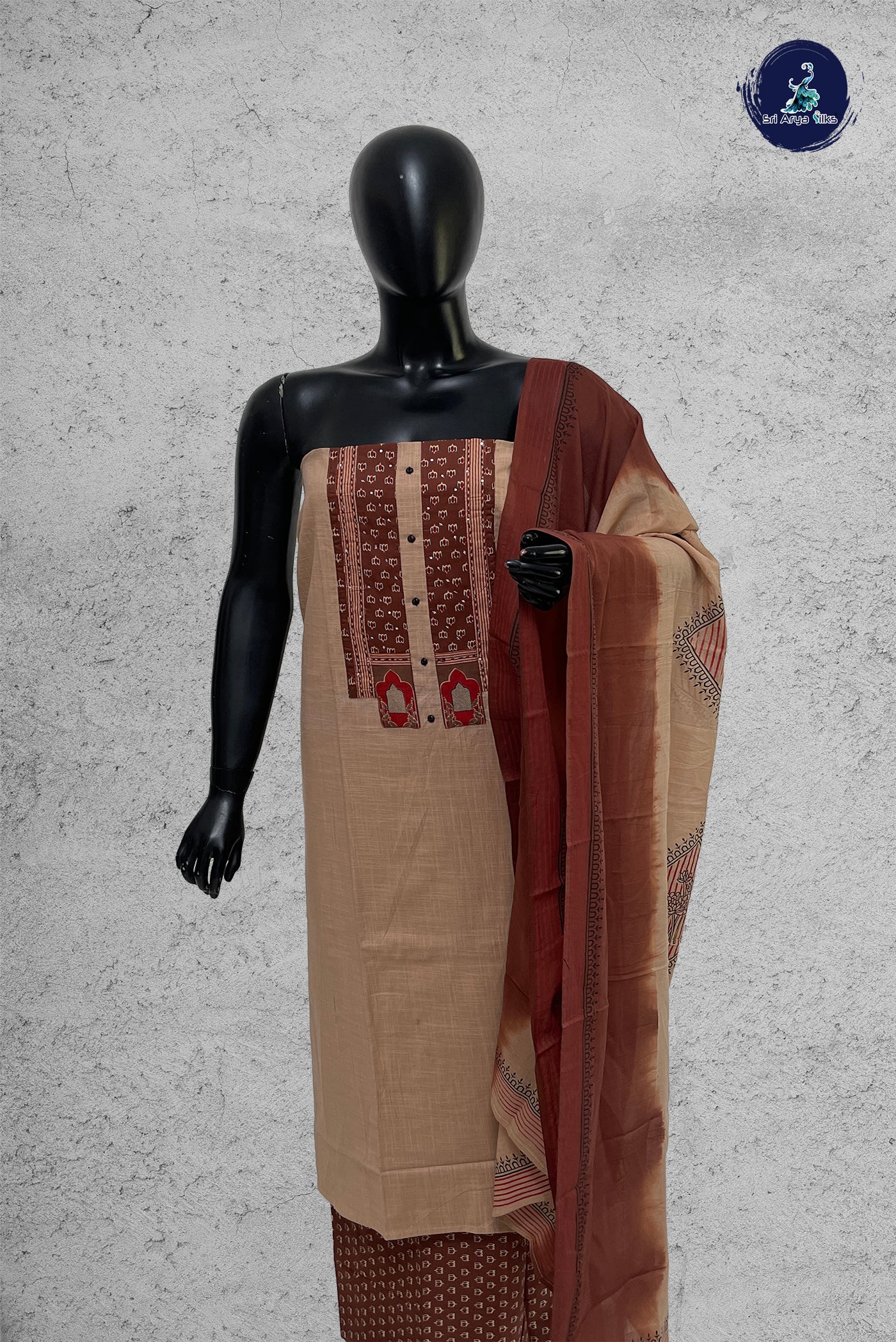 Beige Cotton Unstitched Salwar Suit