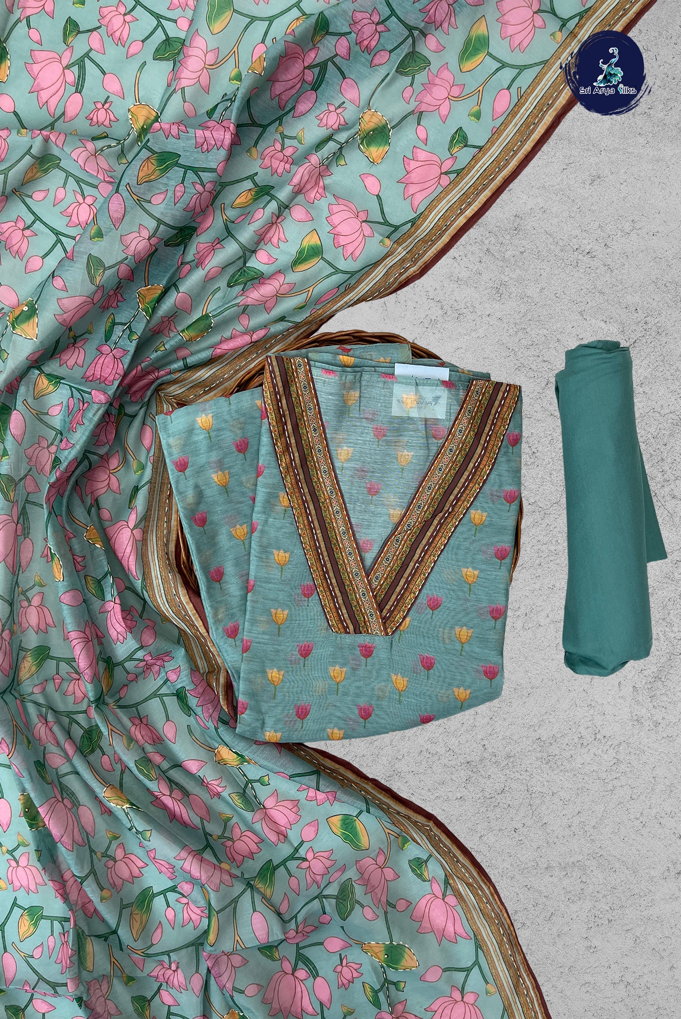 Teal Chanderi Silk Cotton Unstitched Salwar Suit