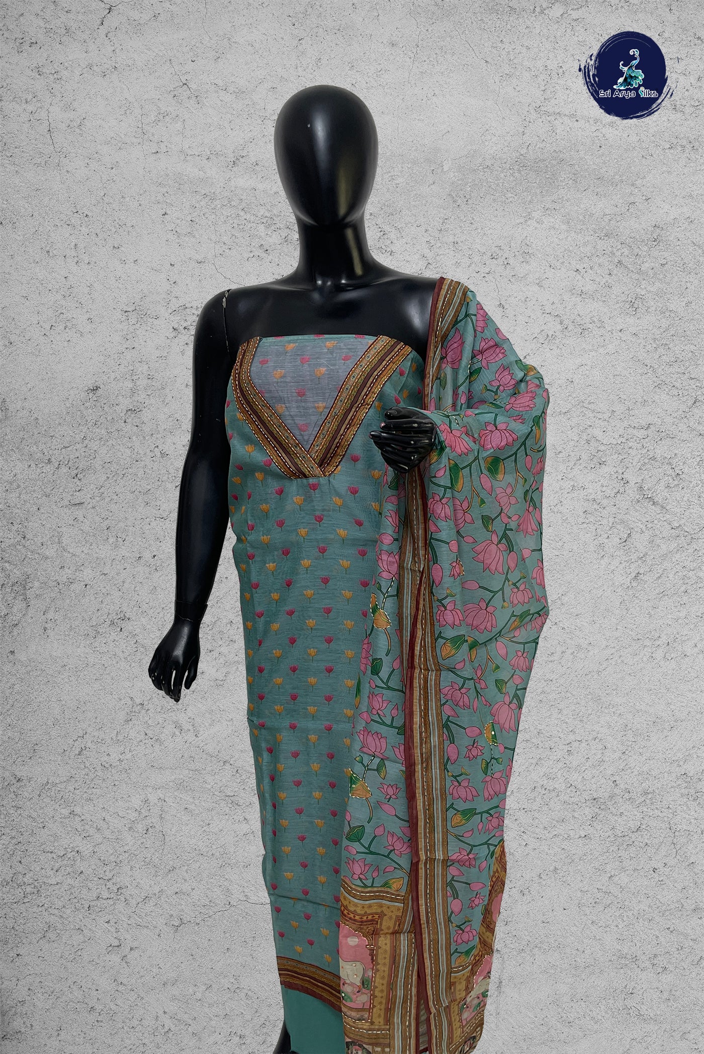 Teal Chanderi Silk Cotton Unstitched Salwar Suit