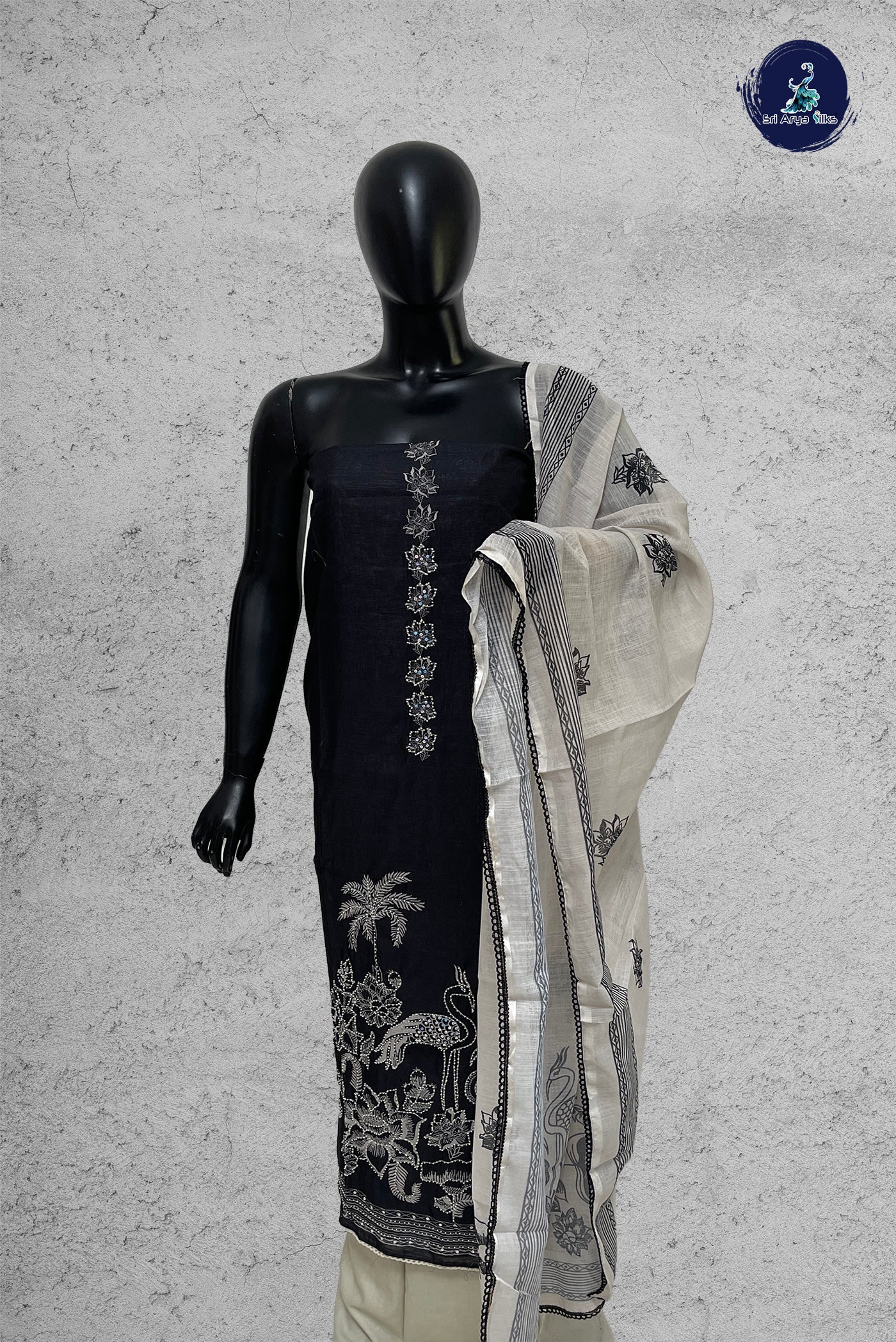 Black Linen Cotton Unstitched Salwar Suit