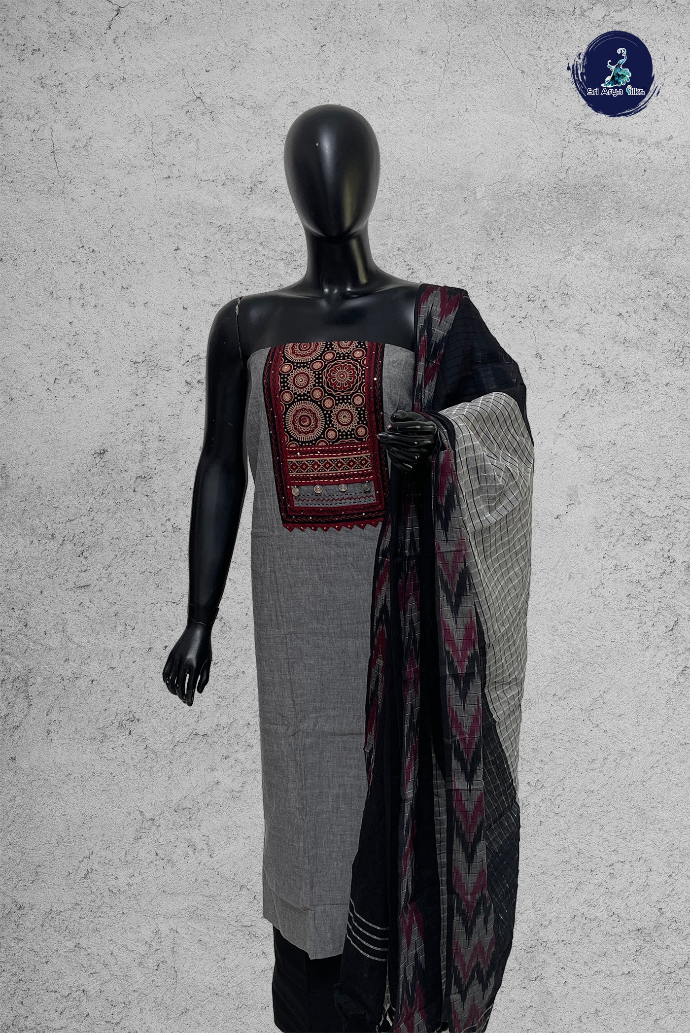 Grey Cotton Unstitched Salwar Suit