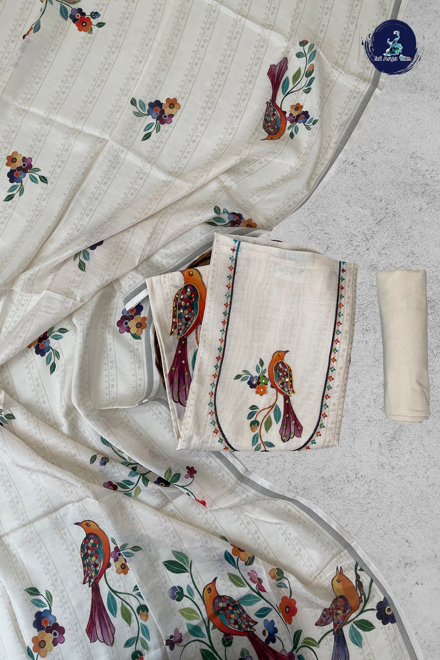 White Chanderi Silk Cotton Unstitched Salwar Suit